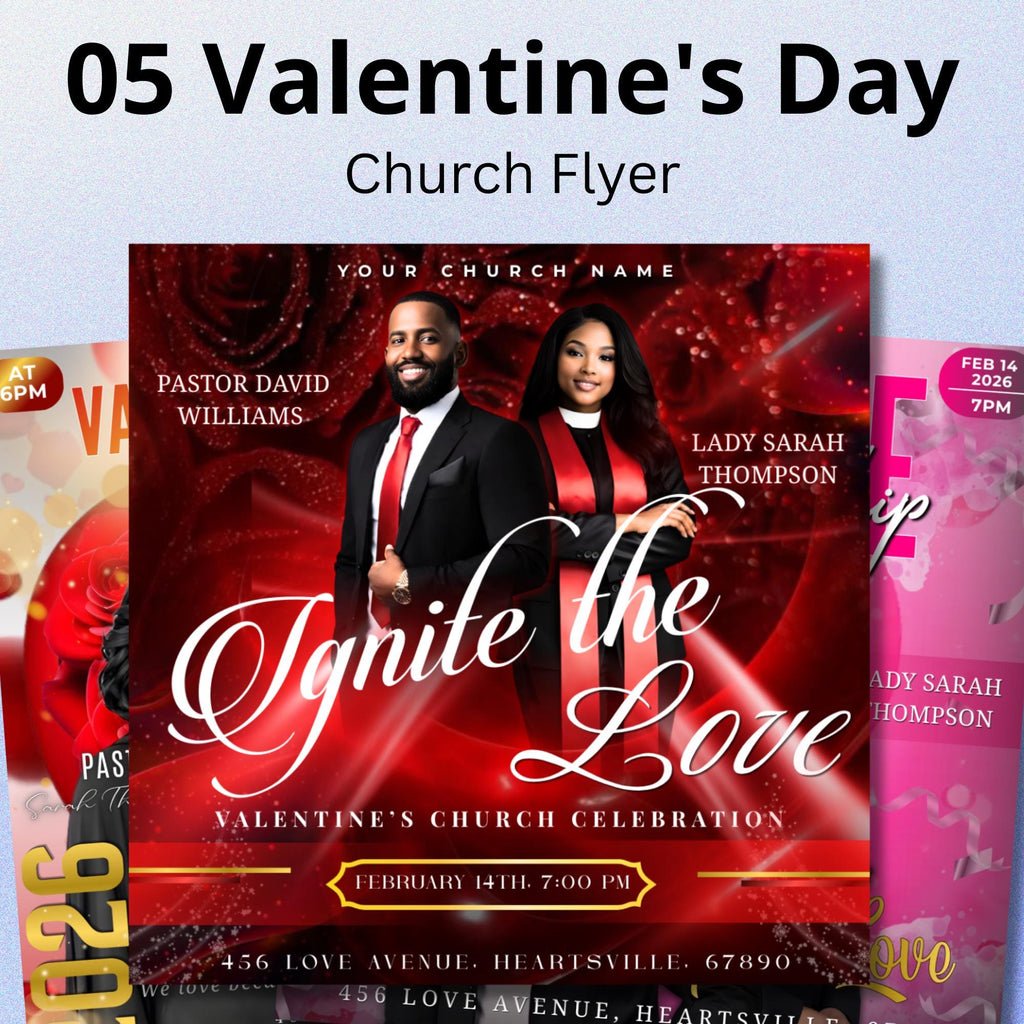 05 Valentine's Day Church Flyer Canva Editable Template, Pastoral Anniversary Flyer, Church Program Template, Valentine Sunday Service Flyer - Editable Memorial Canva Template