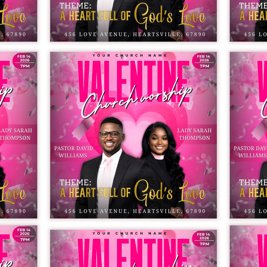 Valentine's Day Church Worship Flyer Canva Editable Template, Pastoral Anniversary Flyer, Church Program Template, Valentine Sunday Service - Editable Memorial Canva Template