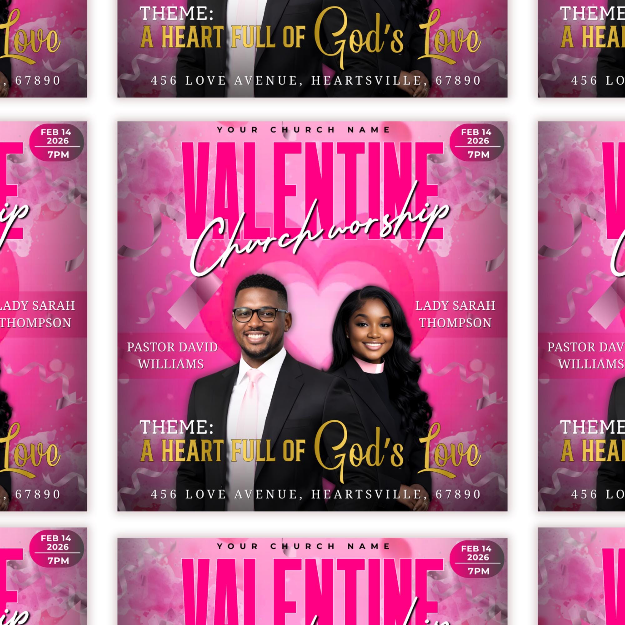 Valentine's Day Church Worship Flyer Canva Editable Template, Pastoral Anniversary Flyer, Church Program Template, Valentine Sunday Service - Editable Memorial Canva Template
