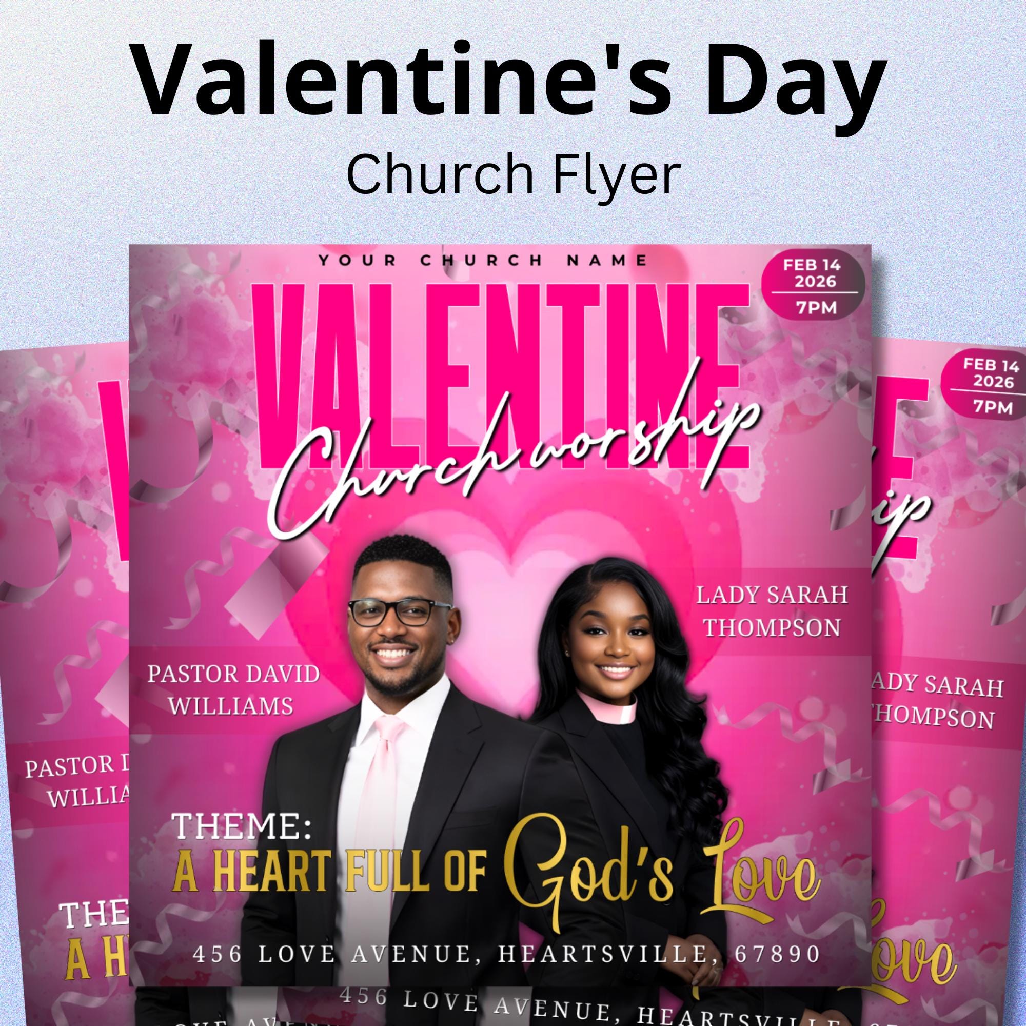 Valentine's Day Church Worship Flyer Canva Editable Template, Pastoral Anniversary Flyer, Church Program Template, Valentine Sunday Service - Editable Memorial Canva Template