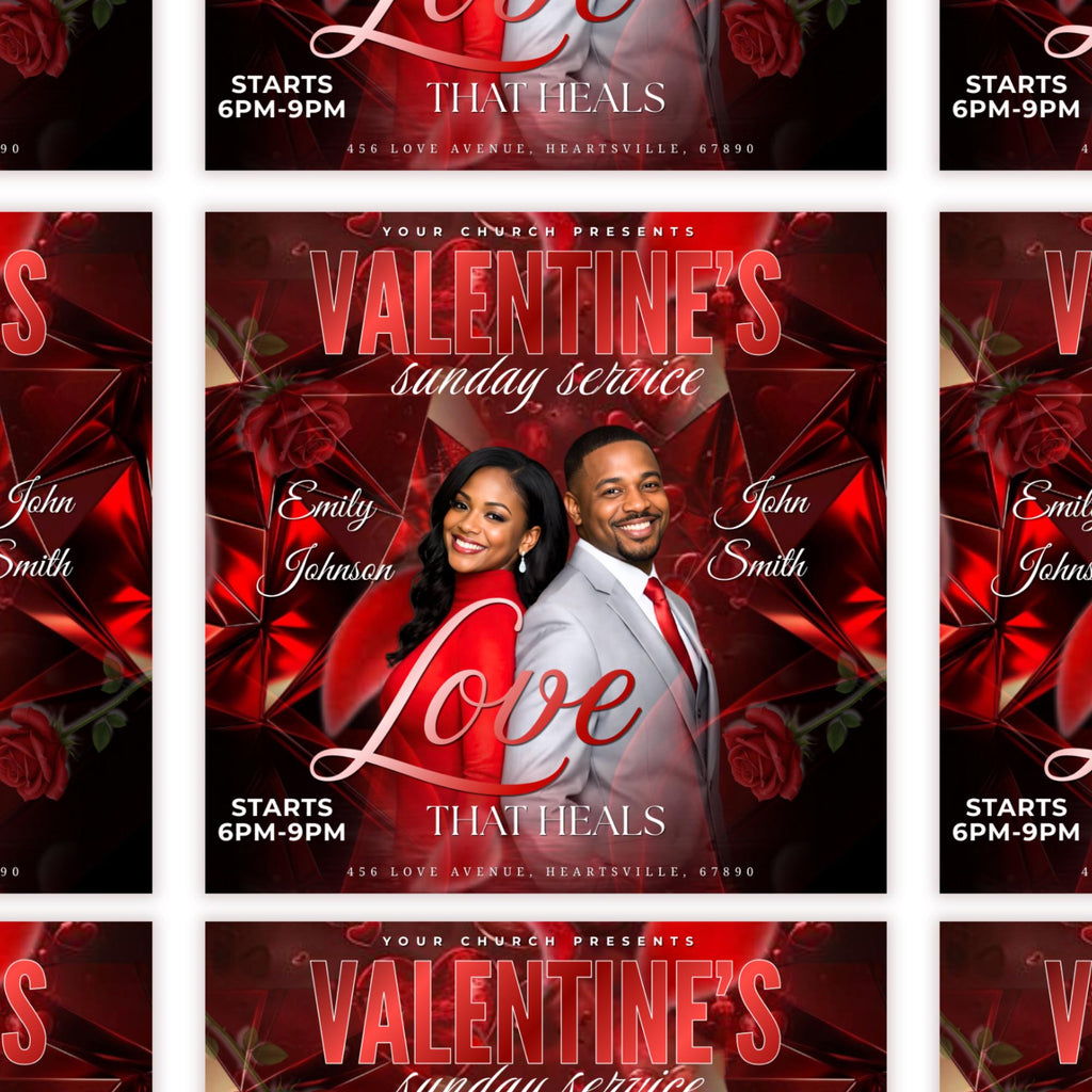 Valentine Sunday Service Flyer Canva Editable Template, Pastoral Anniversary Flyer, Church Program Template, Digital Download - Editable Memorial Canva Template