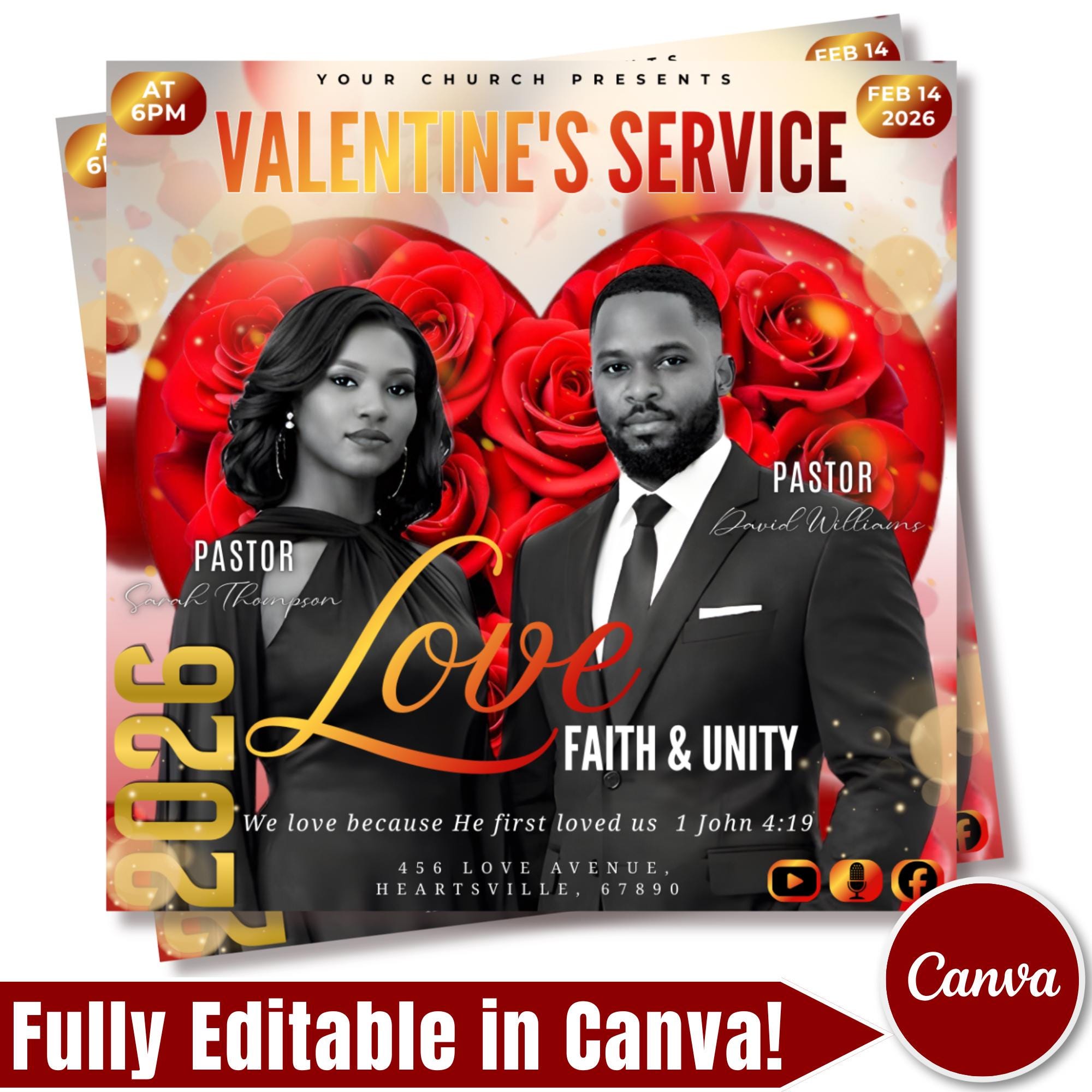 Valentine's Day Church Flyer Canva Editable Template, Pastoral Anniversary Flyer, Church Program Template, Valentine Sunday Service Flyer - Editable Memorial Canva Template