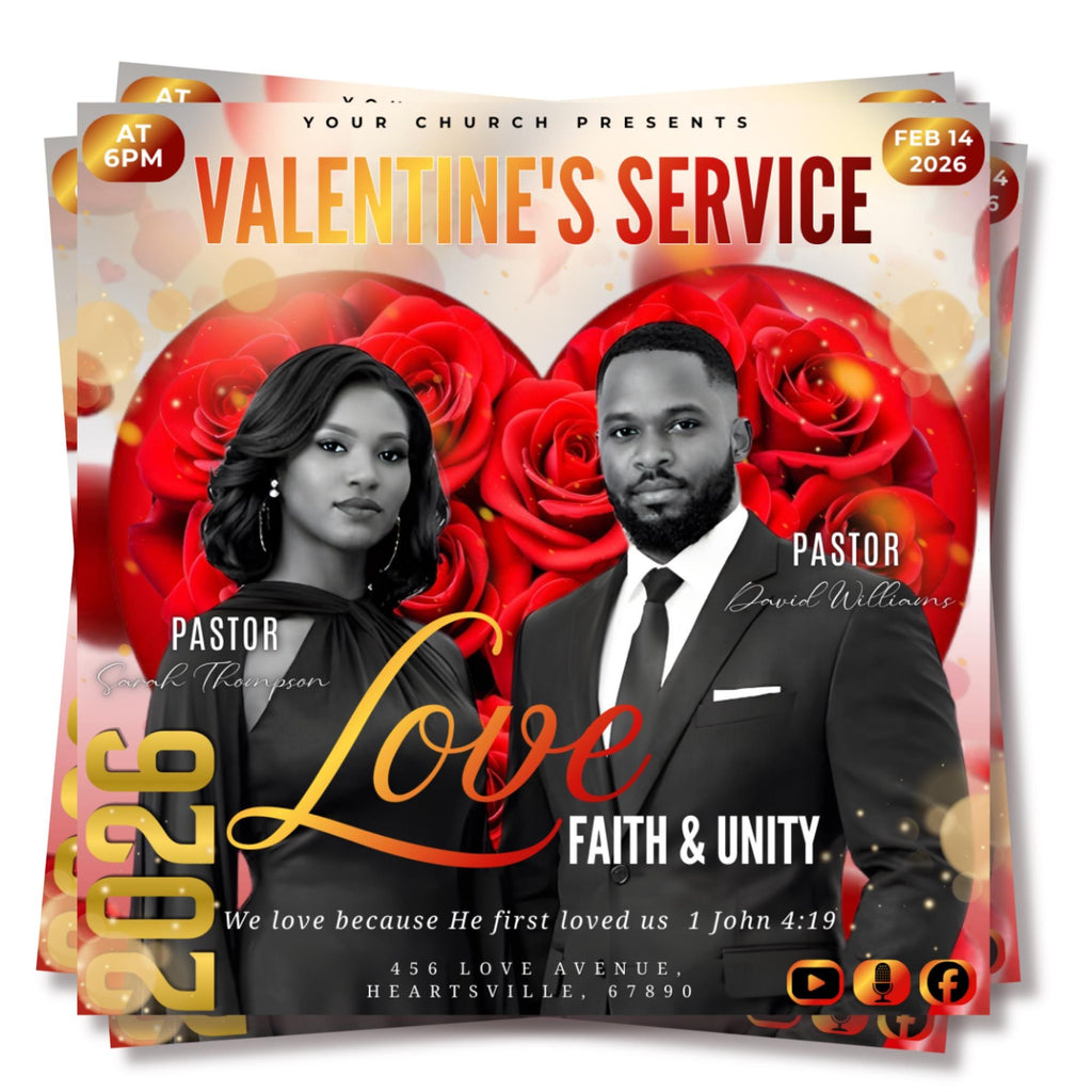 Valentine's Day Church Flyer Canva Editable Template, Pastoral Anniversary Flyer, Church Program Template, Valentine Sunday Service Flyer - Editable Memorial Canva Template
