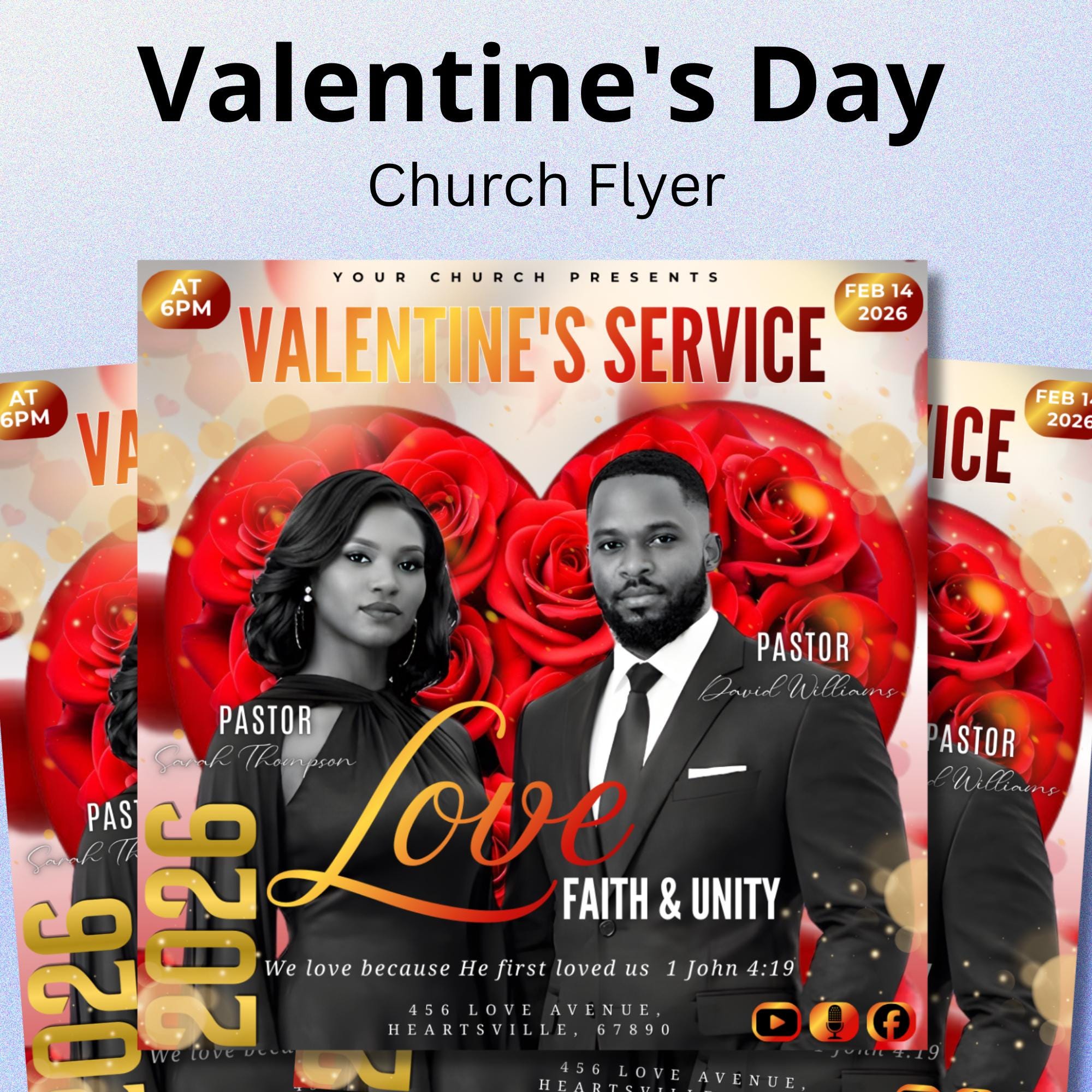 Valentine's Day Church Flyer Canva Editable Template, Pastoral Anniversary Flyer, Church Program Template, Valentine Sunday Service Flyer - Editable Memorial Canva Template