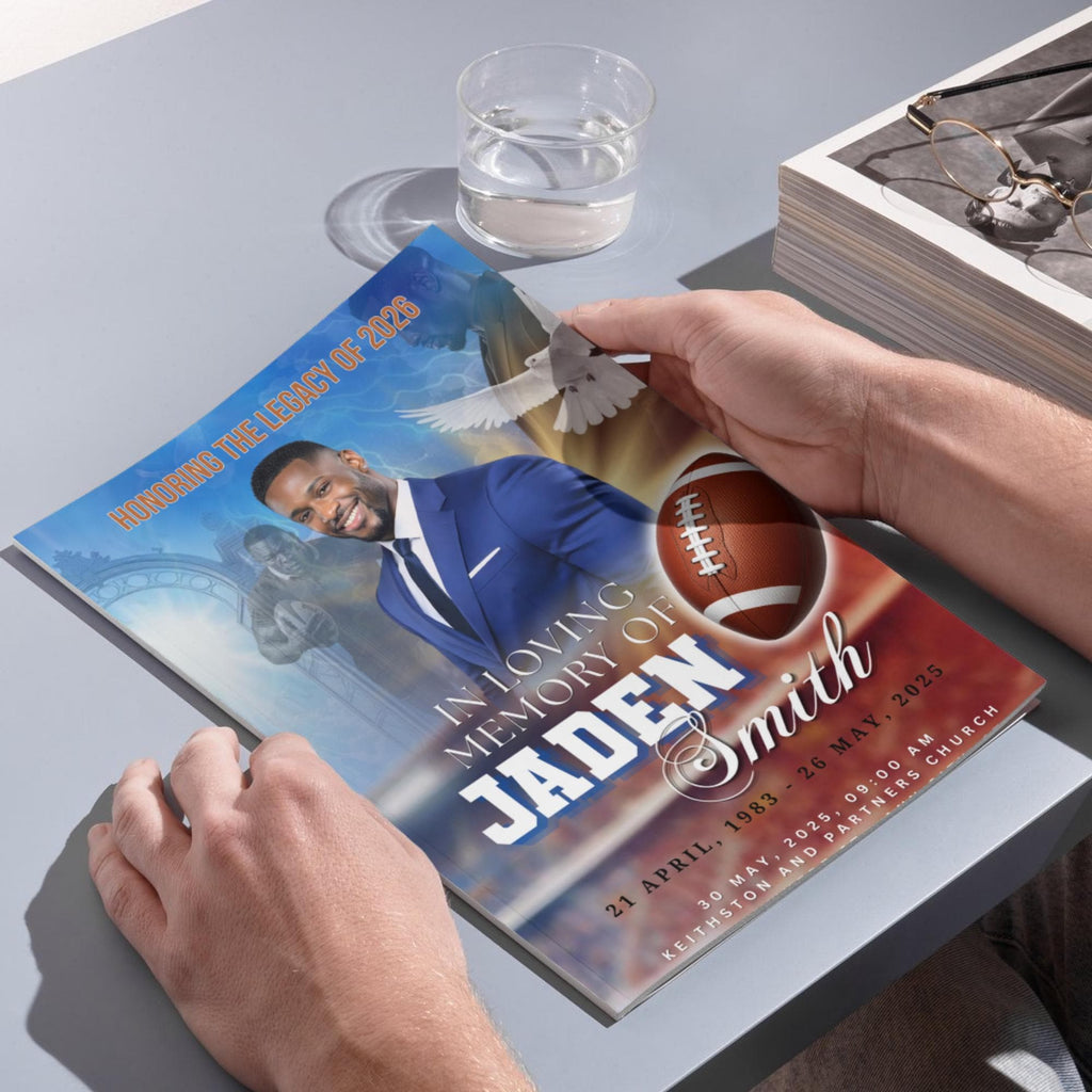 08 Pages Blue Football Funeral Program Template, Bi-Fold(11x8.5 in) Funeral Program, Obituary Celebration Of Life Program, Digital Download - Editable Memorial Canva Template