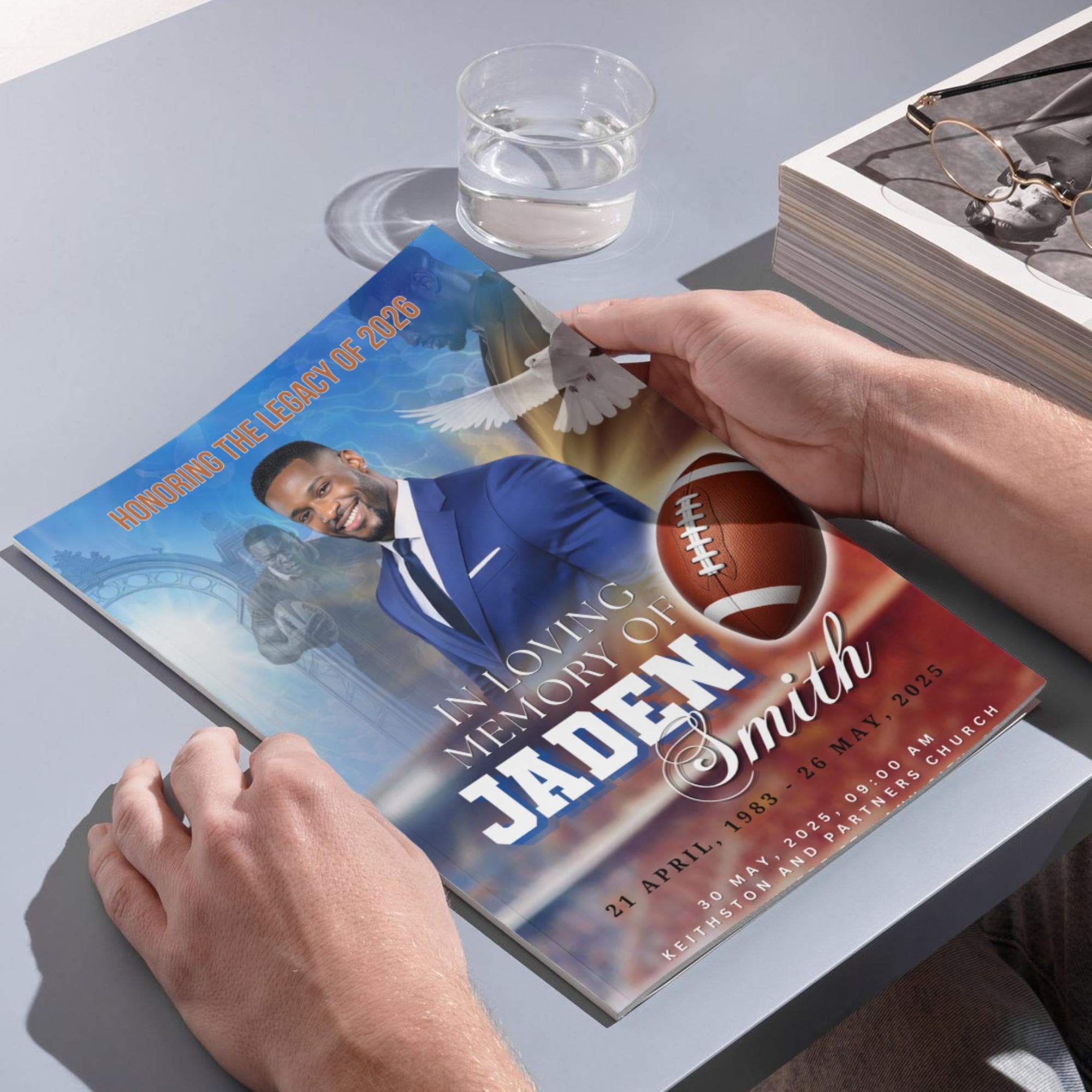 08 Pages Blue Football Funeral Program Template, Bi-Fold(11x8.5 in) Funeral Program, Obituary Celebration Of Life Program, Digital Download - Editable Memorial Canva Template