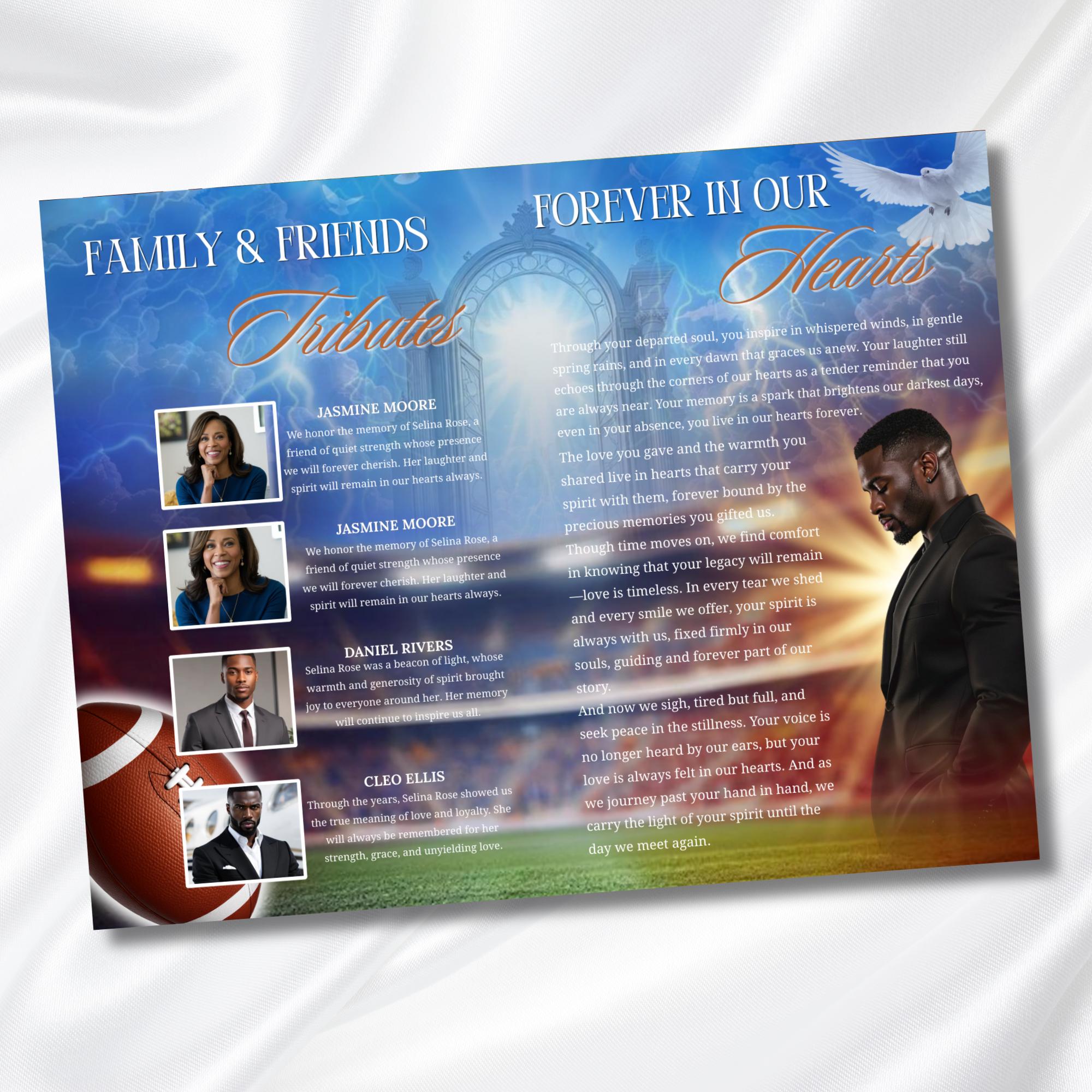 08 Pages Blue Football Funeral Program Template, Bi-Fold(11x8.5 in) Funeral Program, Obituary Celebration Of Life Program, Digital Download - Editable Memorial Canva Template