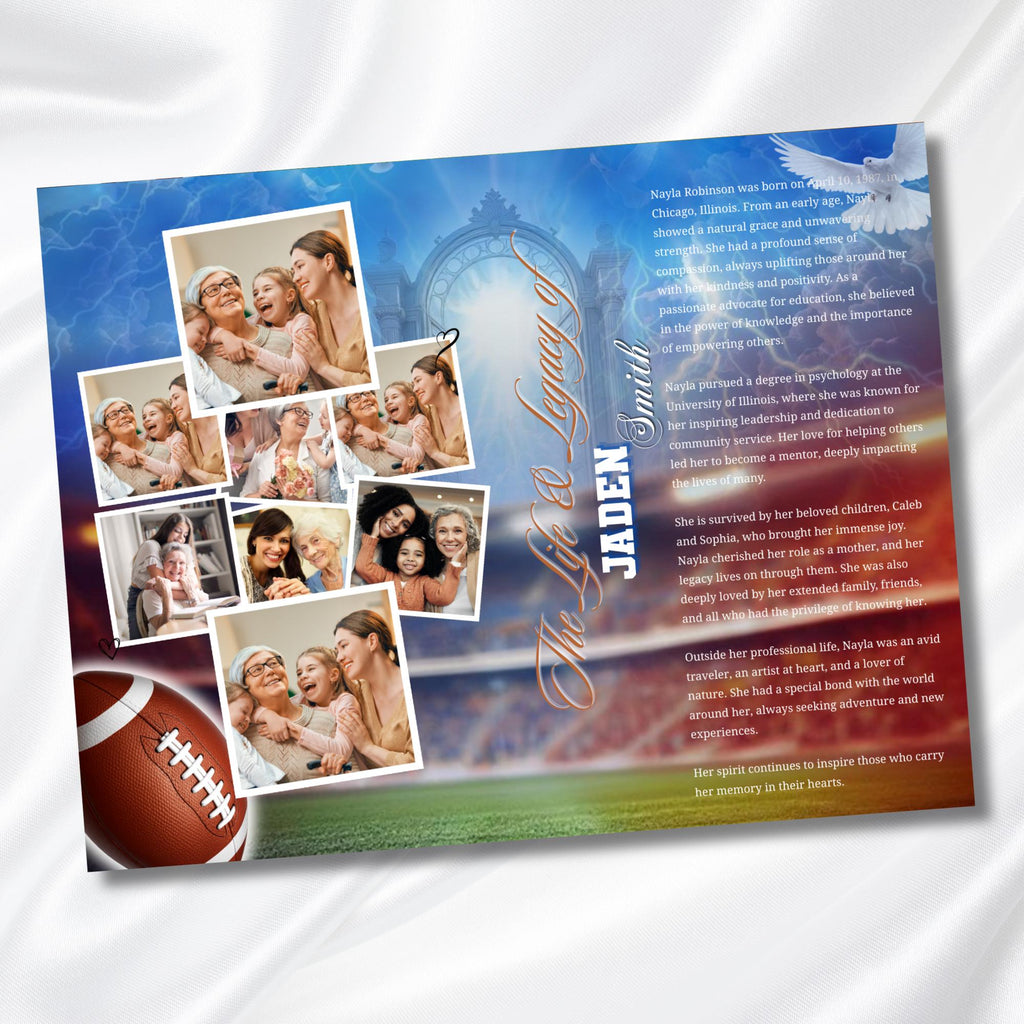 08 Pages Blue Football Funeral Program Template, Bi-Fold(11x8.5 in) Funeral Program, Obituary Celebration Of Life Program, Digital Download - Editable Memorial Canva Template