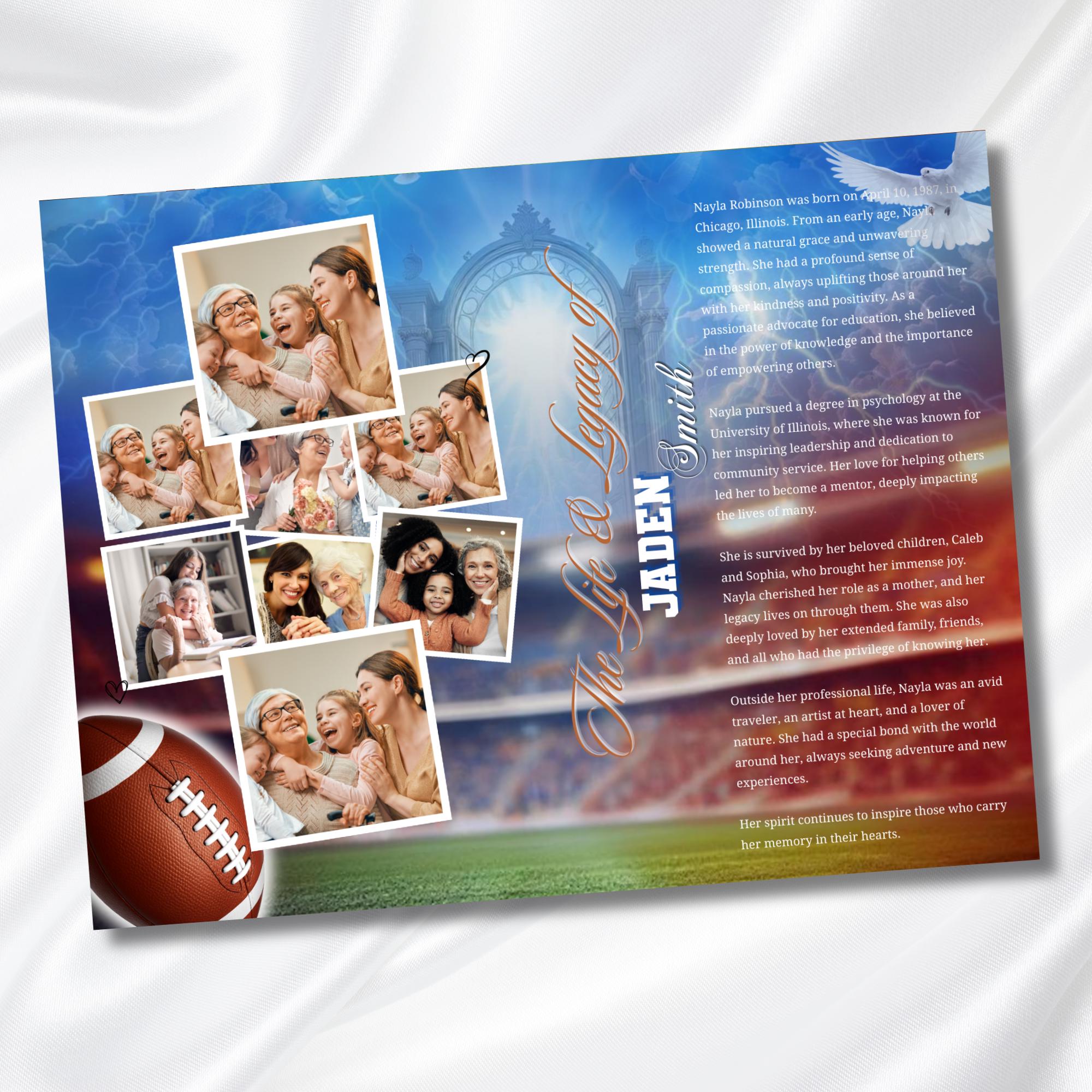 08 Pages Blue Football Funeral Program Template, Bi-Fold(11x8.5 in) Funeral Program, Obituary Celebration Of Life Program, Digital Download - Editable Memorial Canva Template
