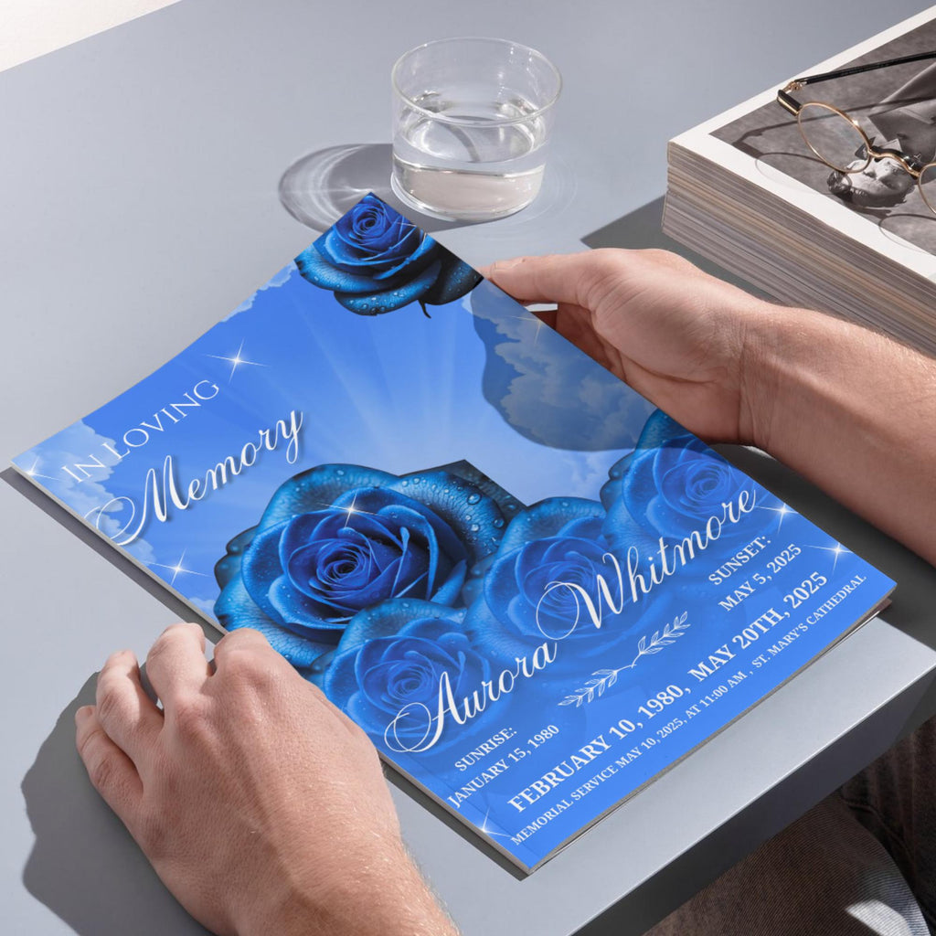 08 Pages Blue Roses Funeral Program Template, Editable Bifold 8.5x11” Design, Obituary Celebration Of Life Program, Digital Download - Editable Memorial Canva Template