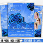 08 Pages Blue Roses Funeral Program Template, Editable Bifold 8.5x11” Design, Obituary Celebration Of Life Program, Digital Download - Editable Memorial Canva Template