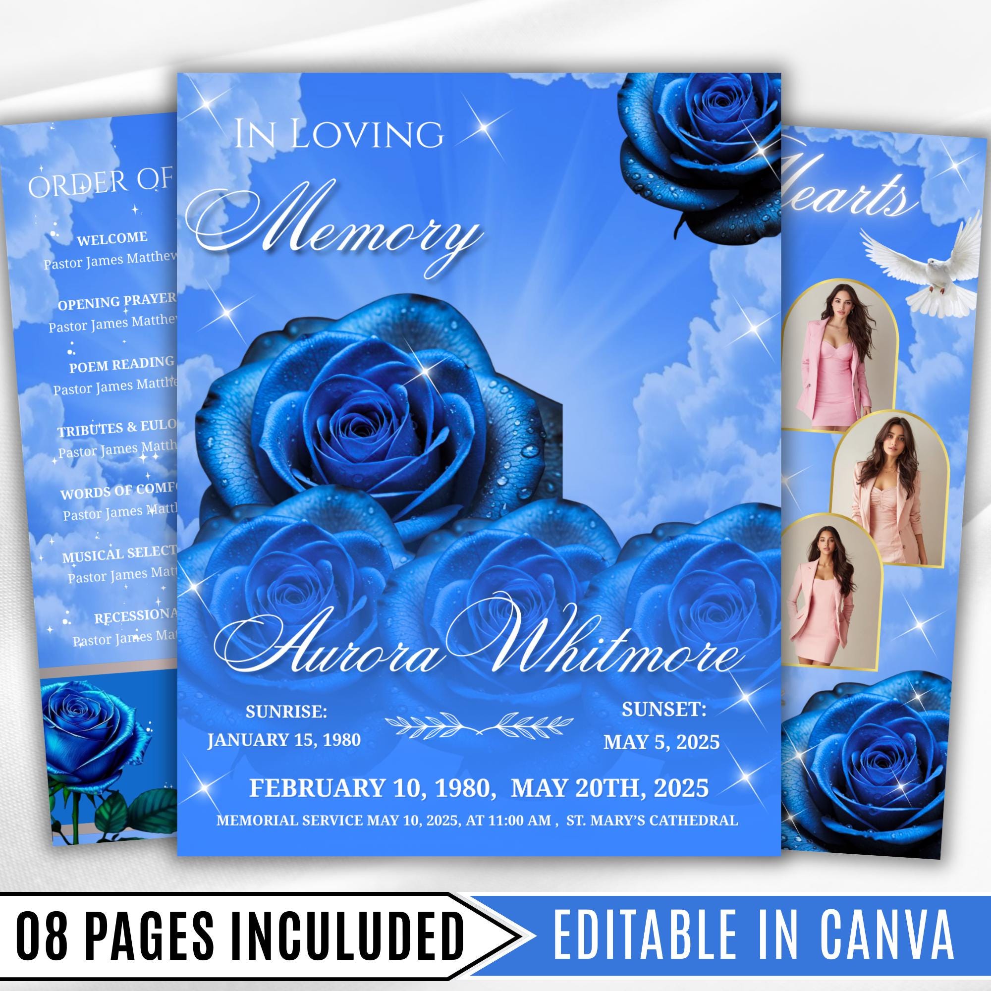 08 Pages Blue Roses Funeral Program Template, Editable Bifold 8.5x11” Design, Obituary Celebration Of Life Program, Digital Download - Editable Memorial Canva Template