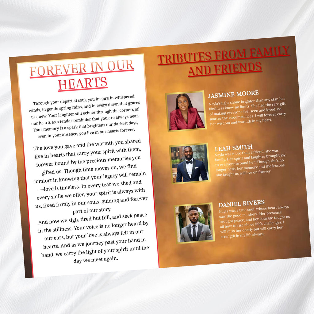 Brown & Red Obituary Funeral Program Template, Bi-Fold(11x8.5 in) Funeral Program, Obituary Celebration Of Life Program, Digital Download - Editable Memorial Canva Template