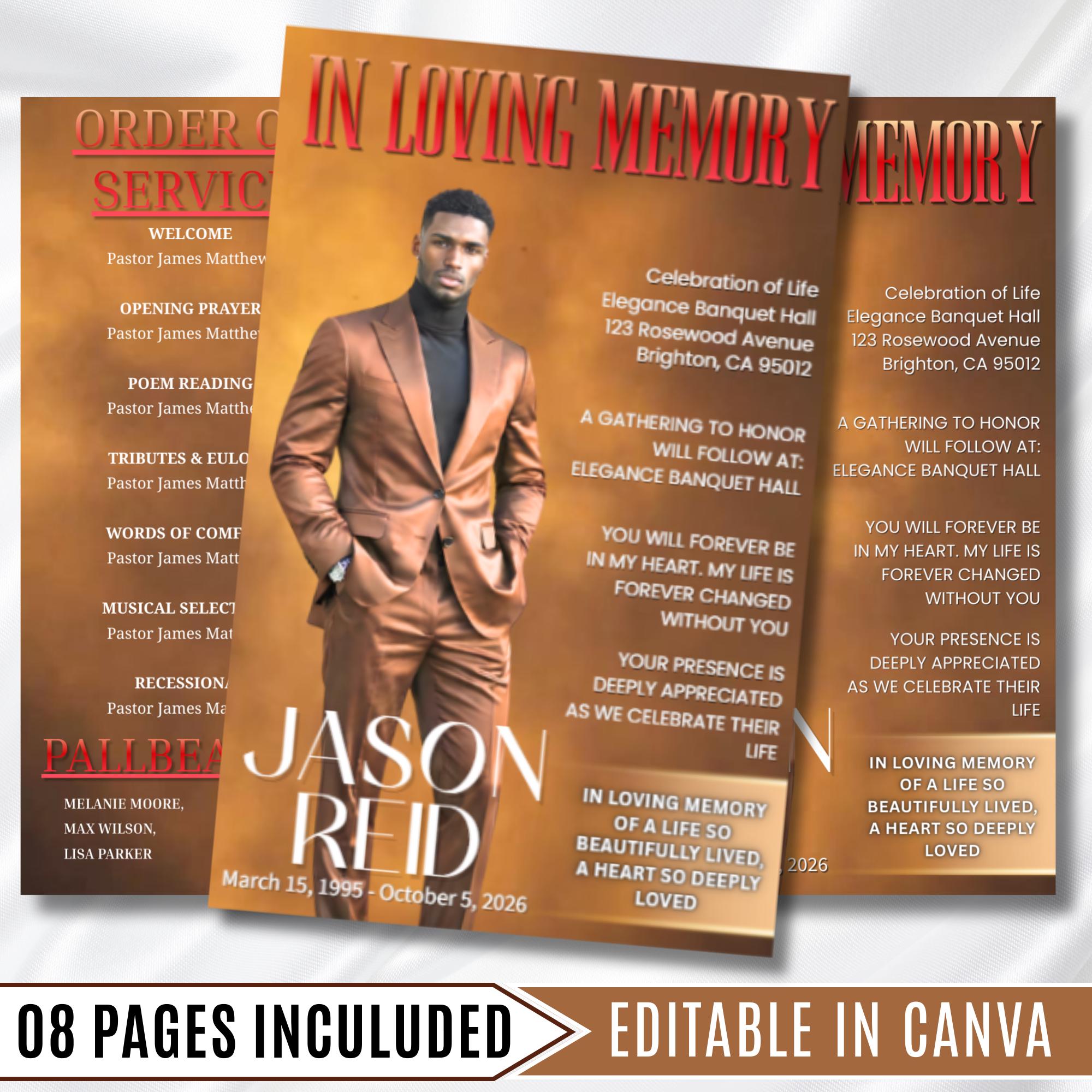 Brown & Red Obituary Funeral Program Template, Bi-Fold(11x8.5 in) Funeral Program, Obituary Celebration Of Life Program, Digital Download - Editable Memorial Canva Template