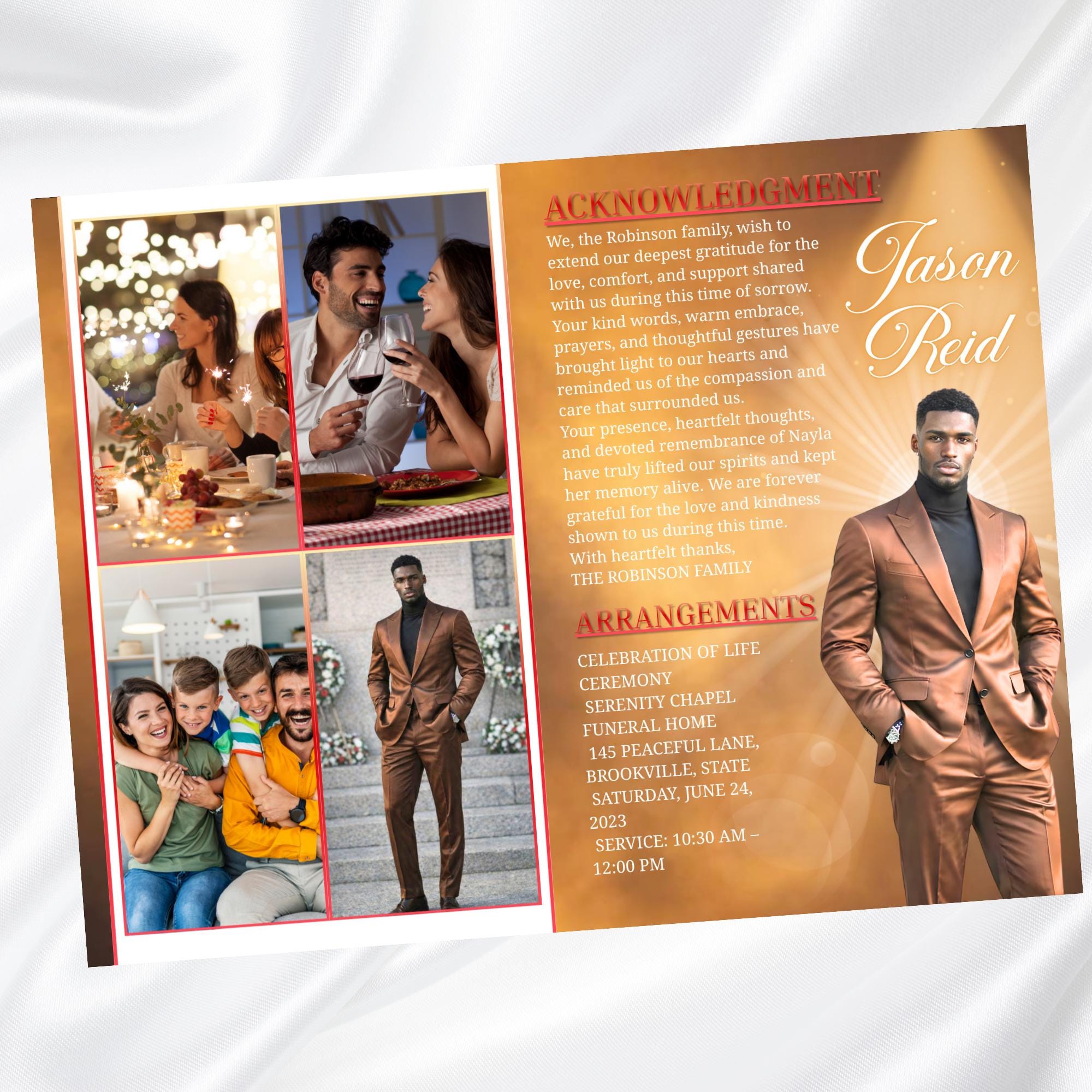 Brown & Red Obituary Funeral Program Template, Bi-Fold(11x8.5 in) Funeral Program, Obituary Celebration Of Life Program, Digital Download - Editable Memorial Canva Template