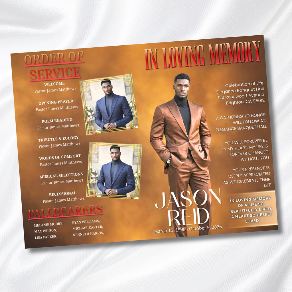 Brown & Red Obituary Funeral Program Template, Bi-Fold(11x8.5 in) Funeral Program, Obituary Celebration Of Life Program, Digital Download - Editable Memorial Canva Template
