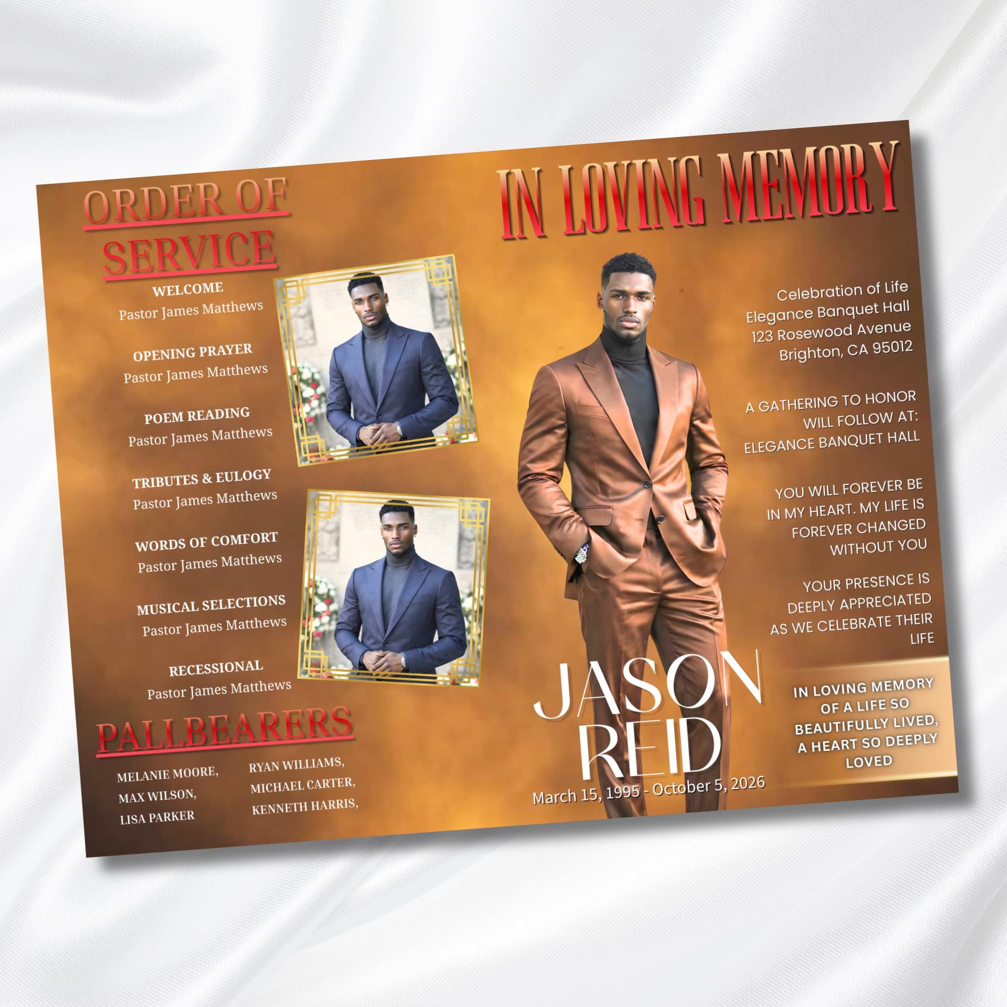 Brown & Red Obituary Funeral Program Template, Bi-Fold(11x8.5 in) Funeral Program, Obituary Celebration Of Life Program, Digital Download - Editable Memorial Canva Template