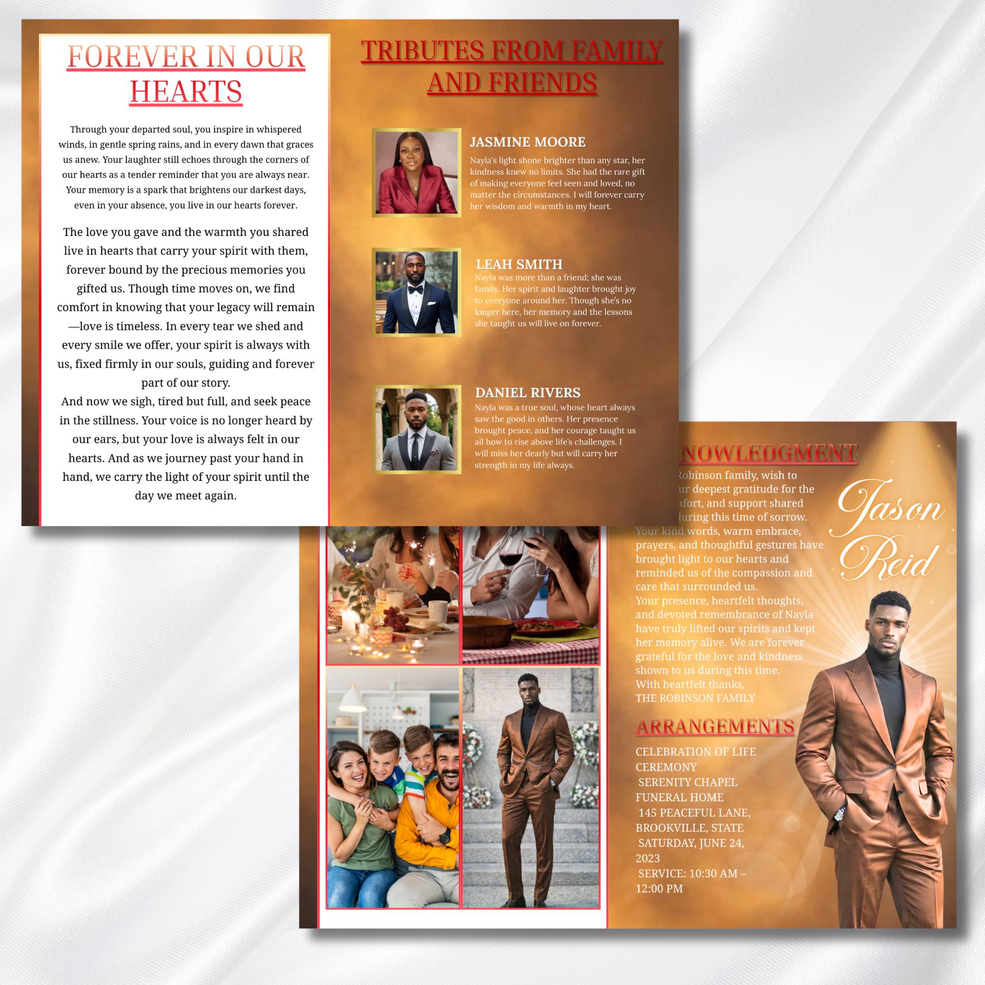 Brown & Red Obituary Funeral Program Template, Bi-Fold(11x8.5 in) Funeral Program, Obituary Celebration Of Life Program, Digital Download - Editable Memorial Canva Template