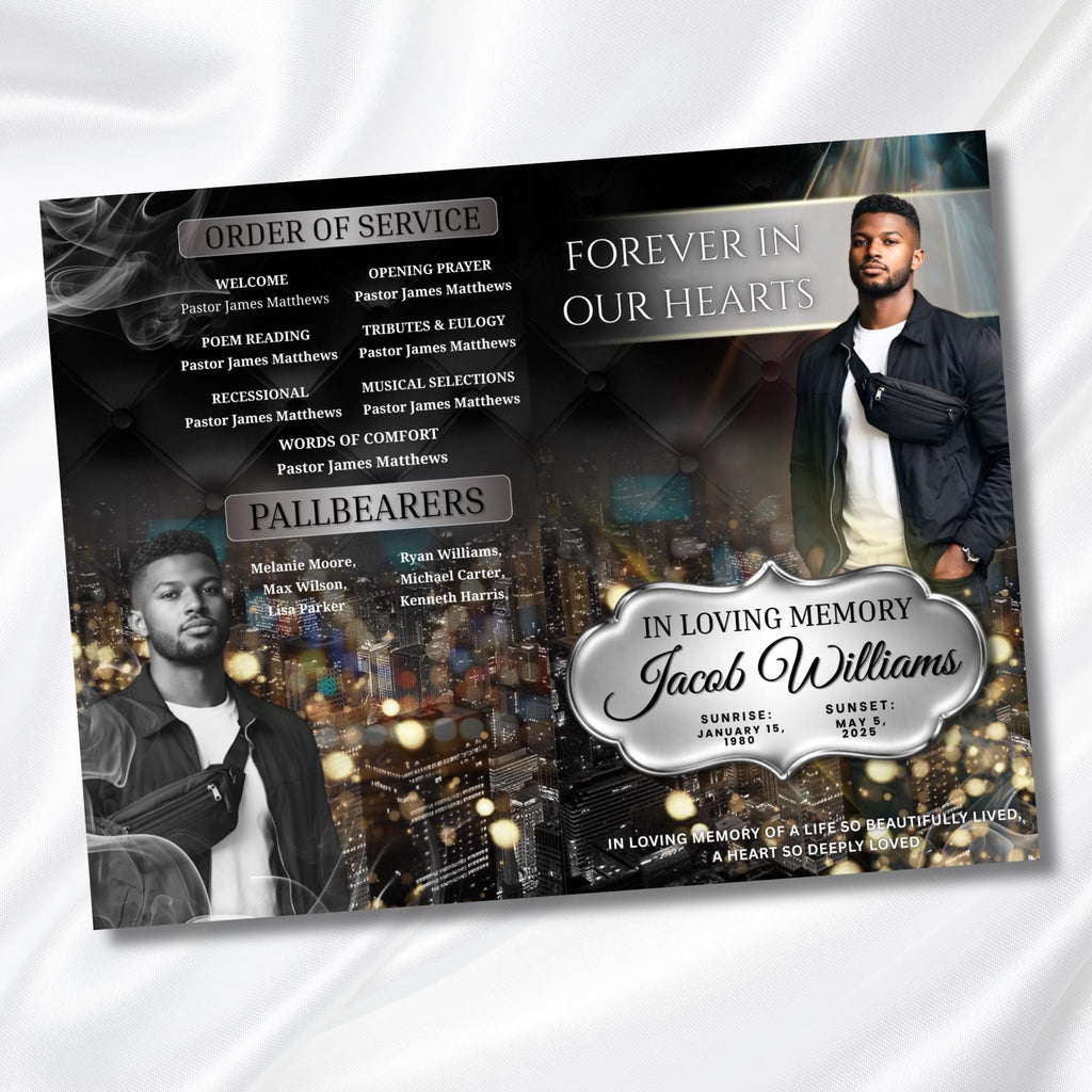 Black & Silver Obituary Funeral Program Template, Bi-Fold(11x8.5 in) Funeral Program, Obituary Celebration Of Life Program, Digital Download - Editable Memorial Canva Template