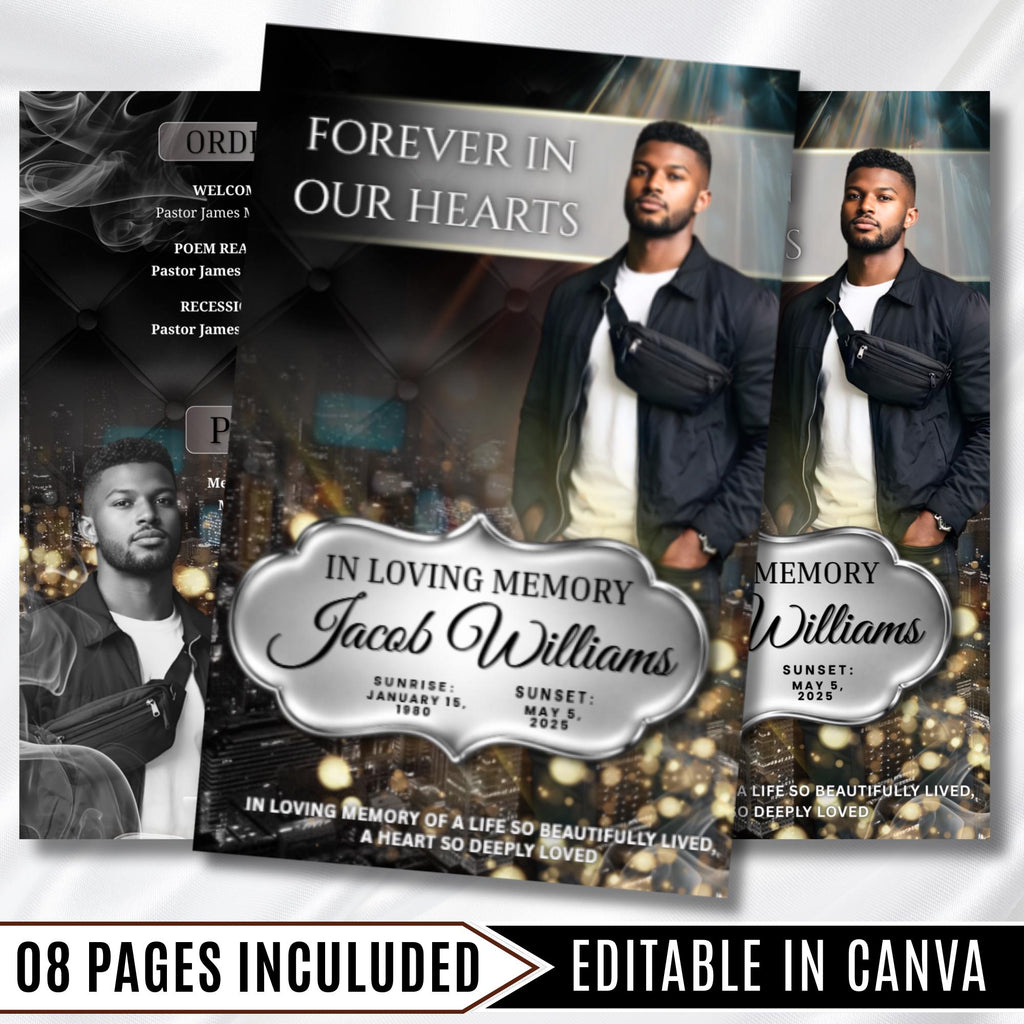 Black & Silver Obituary Funeral Program Template, Bi-Fold(11x8.5 in) Funeral Program, Obituary Celebration Of Life Program, Digital Download - Editable Memorial Canva Template
