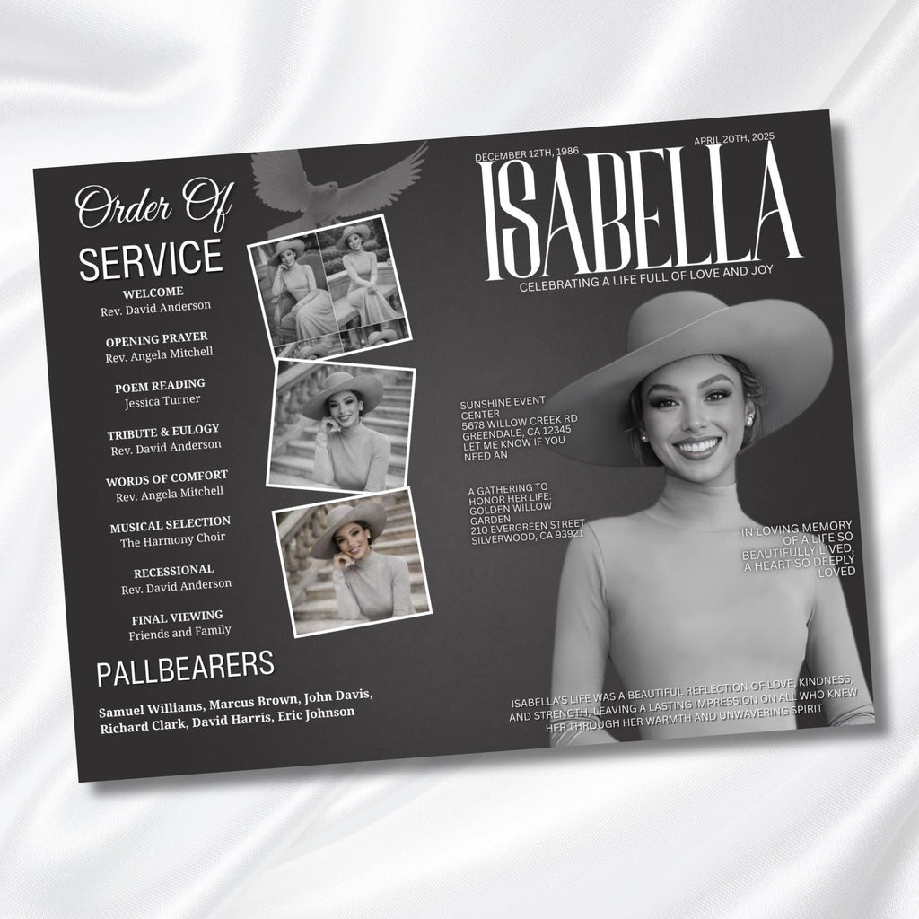 Grey & White Obituary Funeral Program Template, Bi-Fold(11x8.5 in) Funeral Program, Obituary Celebration Of Life Program, Digital Download - Editable Memorial Canva Template