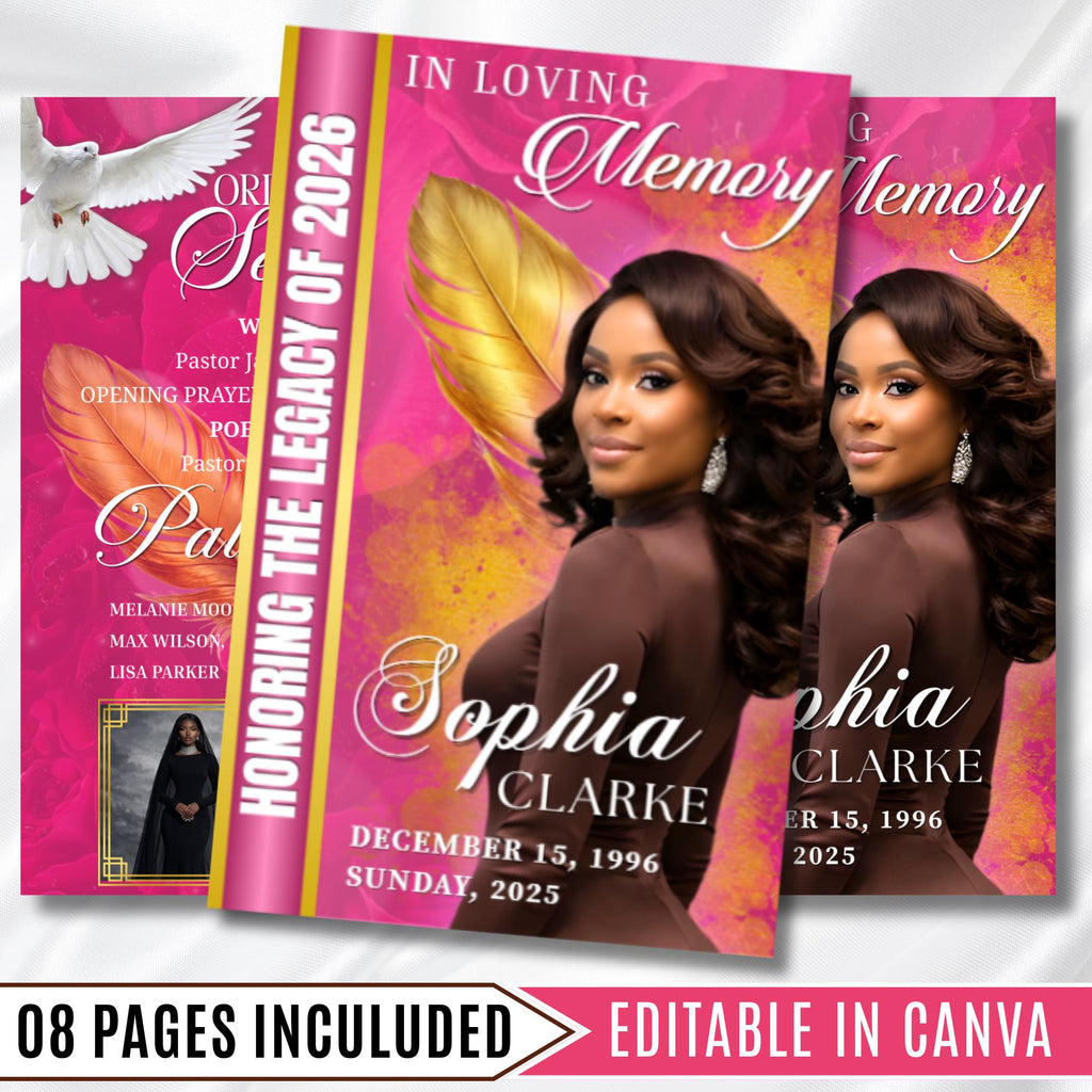 Pink & Gold Leaf Funeral Program Template, Bi-Fold(11x8.5 in) Funeral Program, Obituary Celebration Of Life Program, Digital Download - Editable Memorial Canva Template