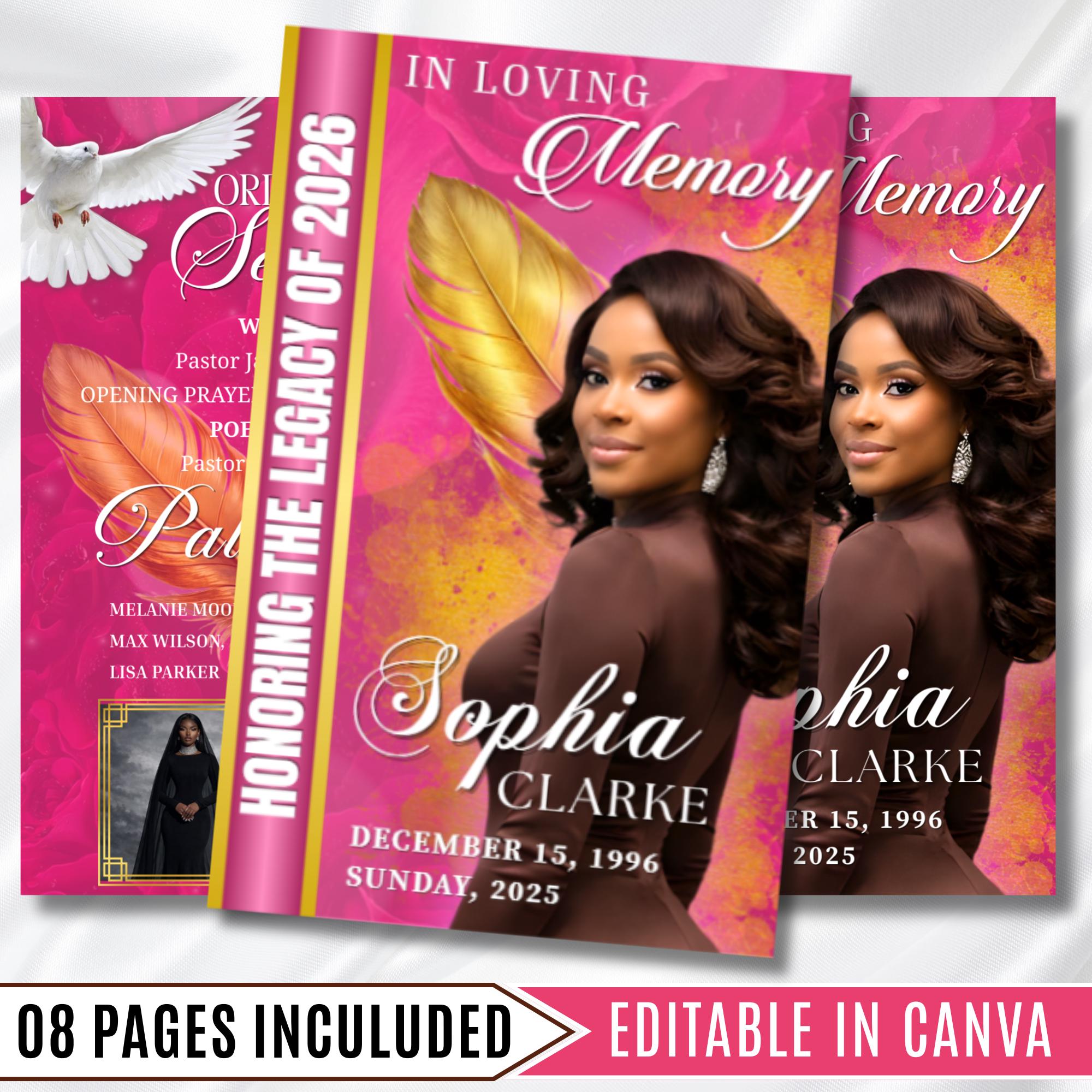 Pink & Gold Leaf Funeral Program Template, Bi-Fold(11x8.5 in) Funeral Program, Obituary Celebration Of Life Program, Digital Download - Editable Memorial Canva Template