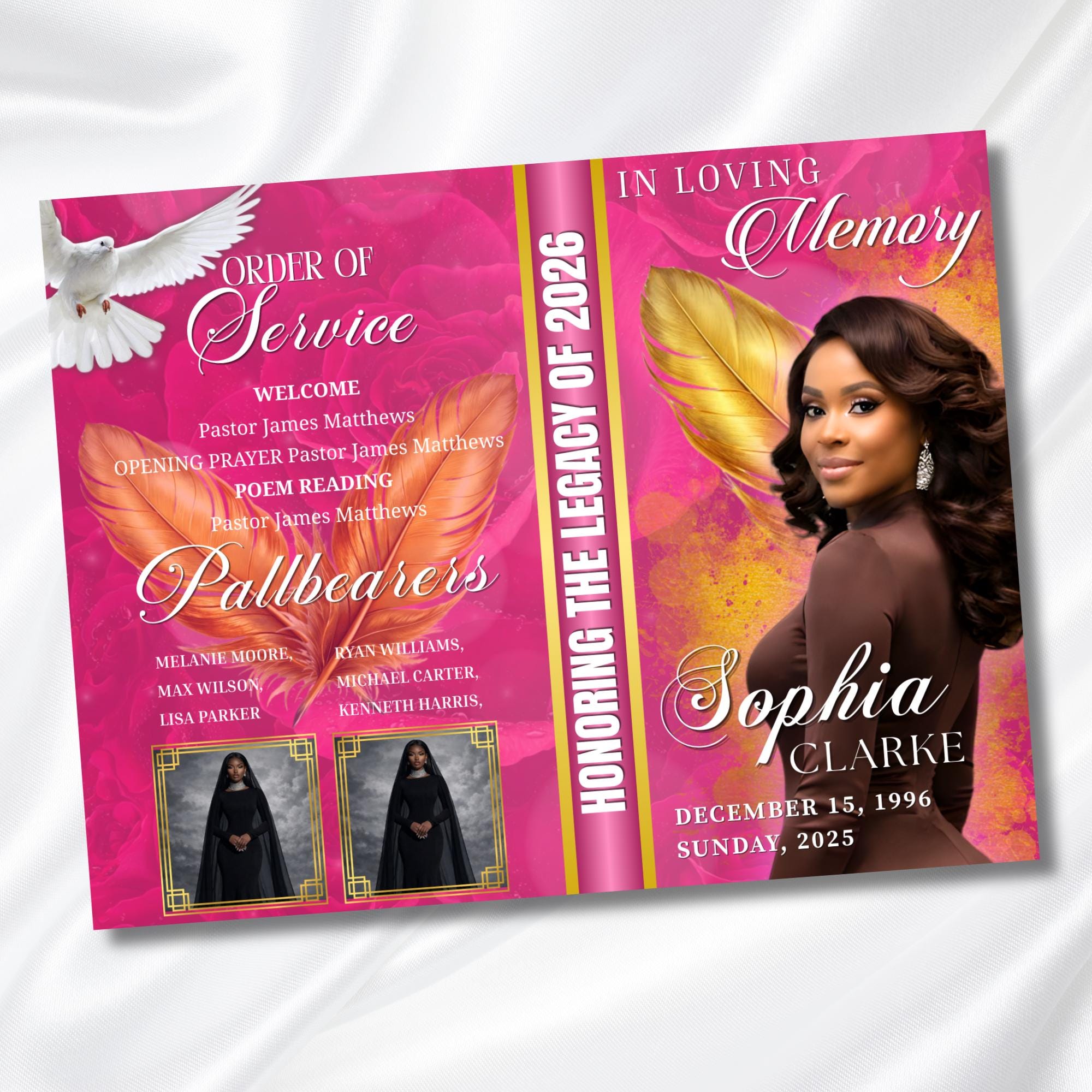 Pink & Gold Leaf Funeral Program Template, Bi-Fold(11x8.5 in) Funeral Program, Obituary Celebration Of Life Program, Digital Download - Editable Memorial Canva Template