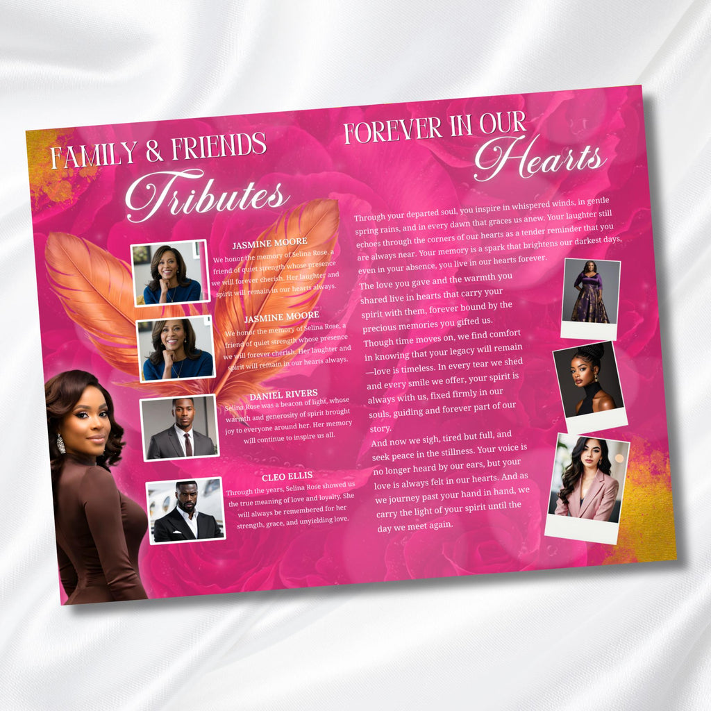 Pink & Gold Leaf Funeral Program Template, Bi-Fold(11x8.5 in) Funeral Program, Obituary Celebration Of Life Program, Digital Download - Editable Memorial Canva Template