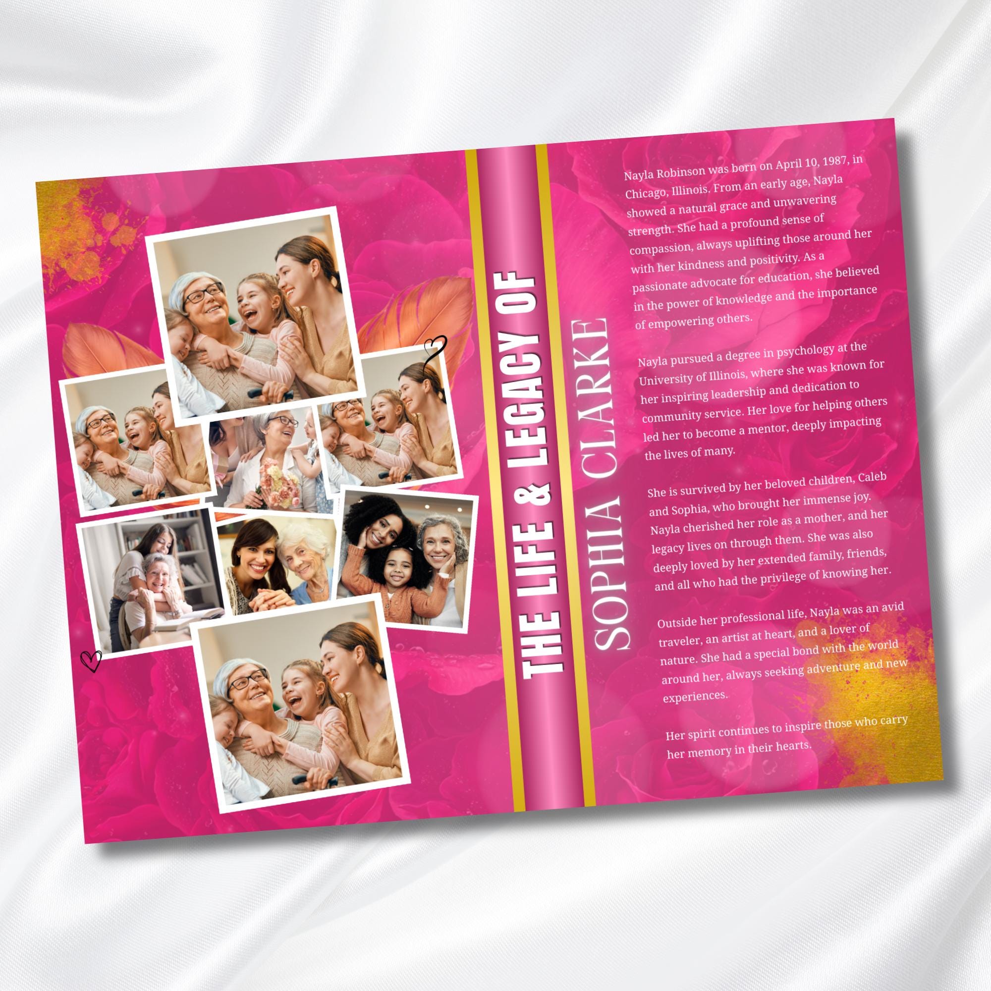 Pink & Gold Leaf Funeral Program Template, Bi-Fold(11x8.5 in) Funeral Program, Obituary Celebration Of Life Program, Digital Download - Editable Memorial Canva Template