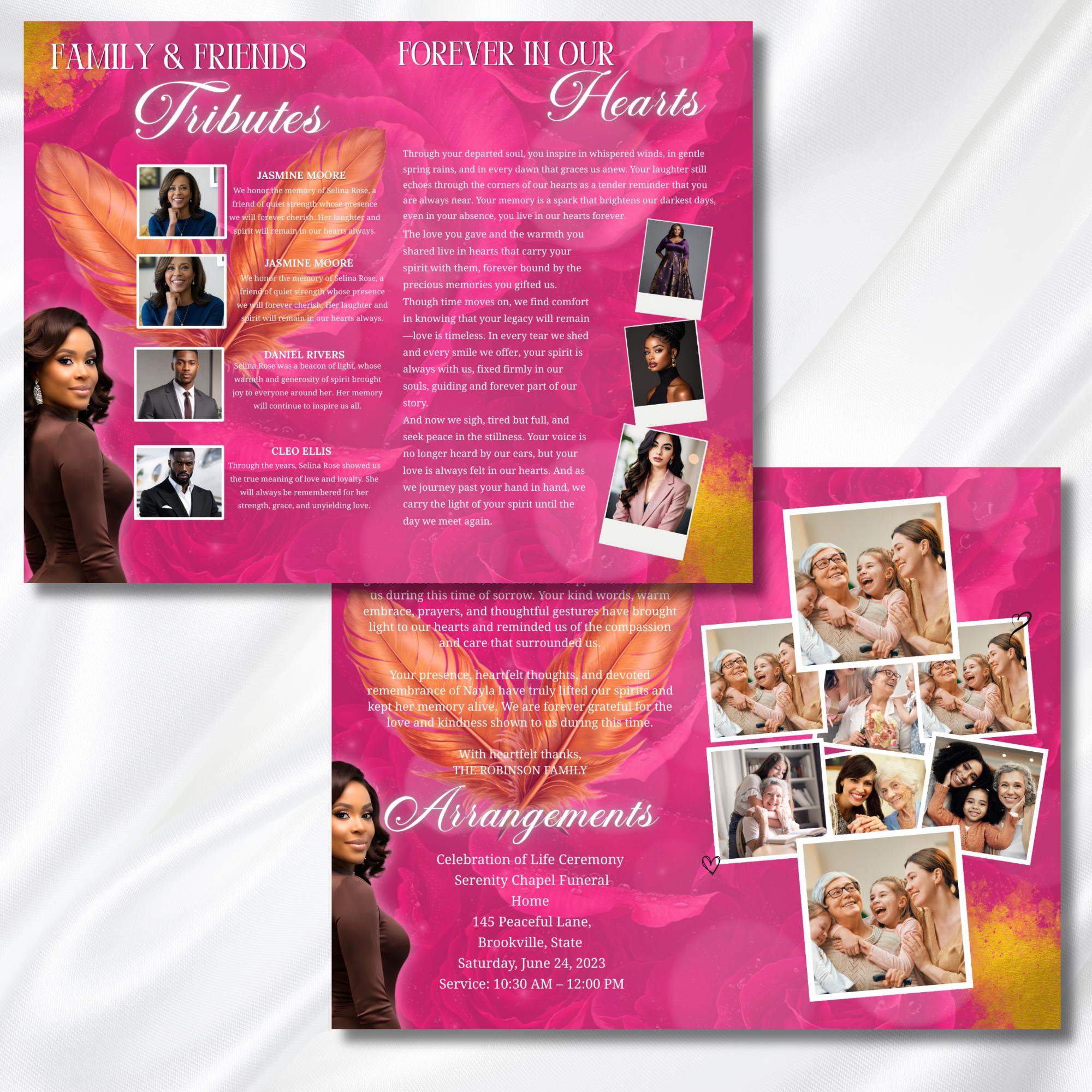 Pink & Gold Leaf Funeral Program Template, Bi-Fold(11x8.5 in) Funeral Program, Obituary Celebration Of Life Program, Digital Download - Editable Memorial Canva Template