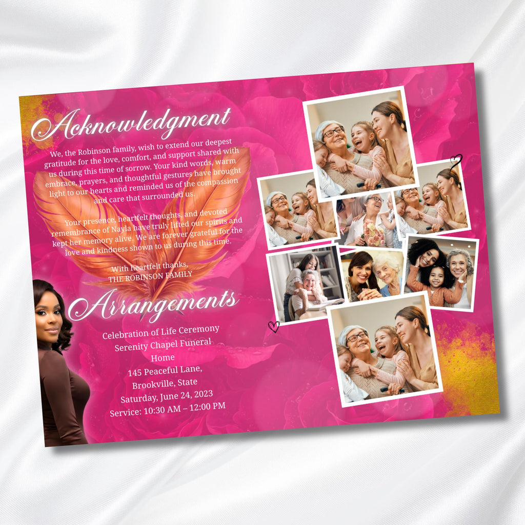 Pink & Gold Leaf Funeral Program Template, Bi-Fold(11x8.5 in) Funeral Program, Obituary Celebration Of Life Program, Digital Download - Editable Memorial Canva Template