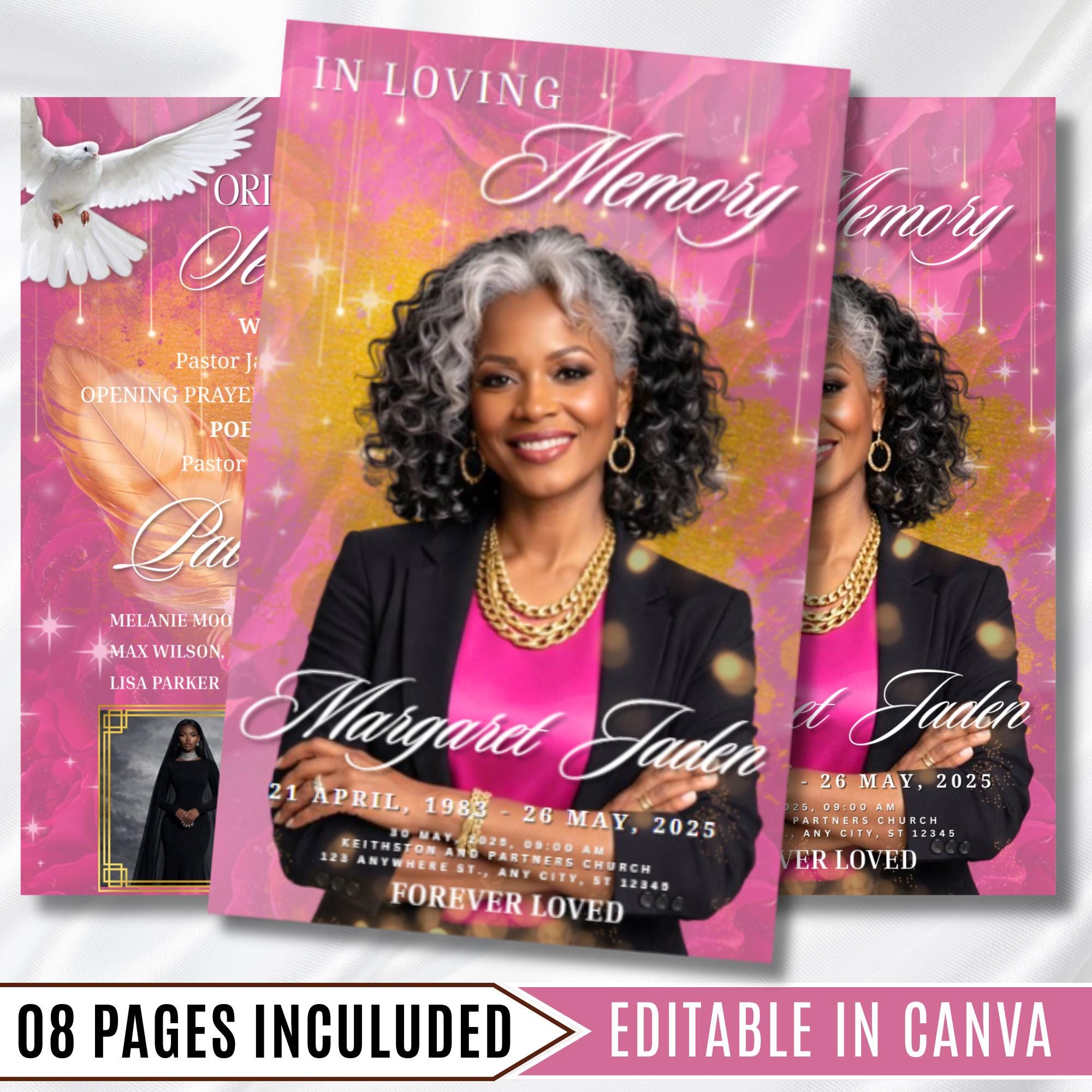 Pink and Gold Woman Obituary Funeral Program Template, Bi-Fold(11x8.5 in) Funeral Program, Obituary Celebration Of Life, Digital Download - Editable Memorial Canva Template