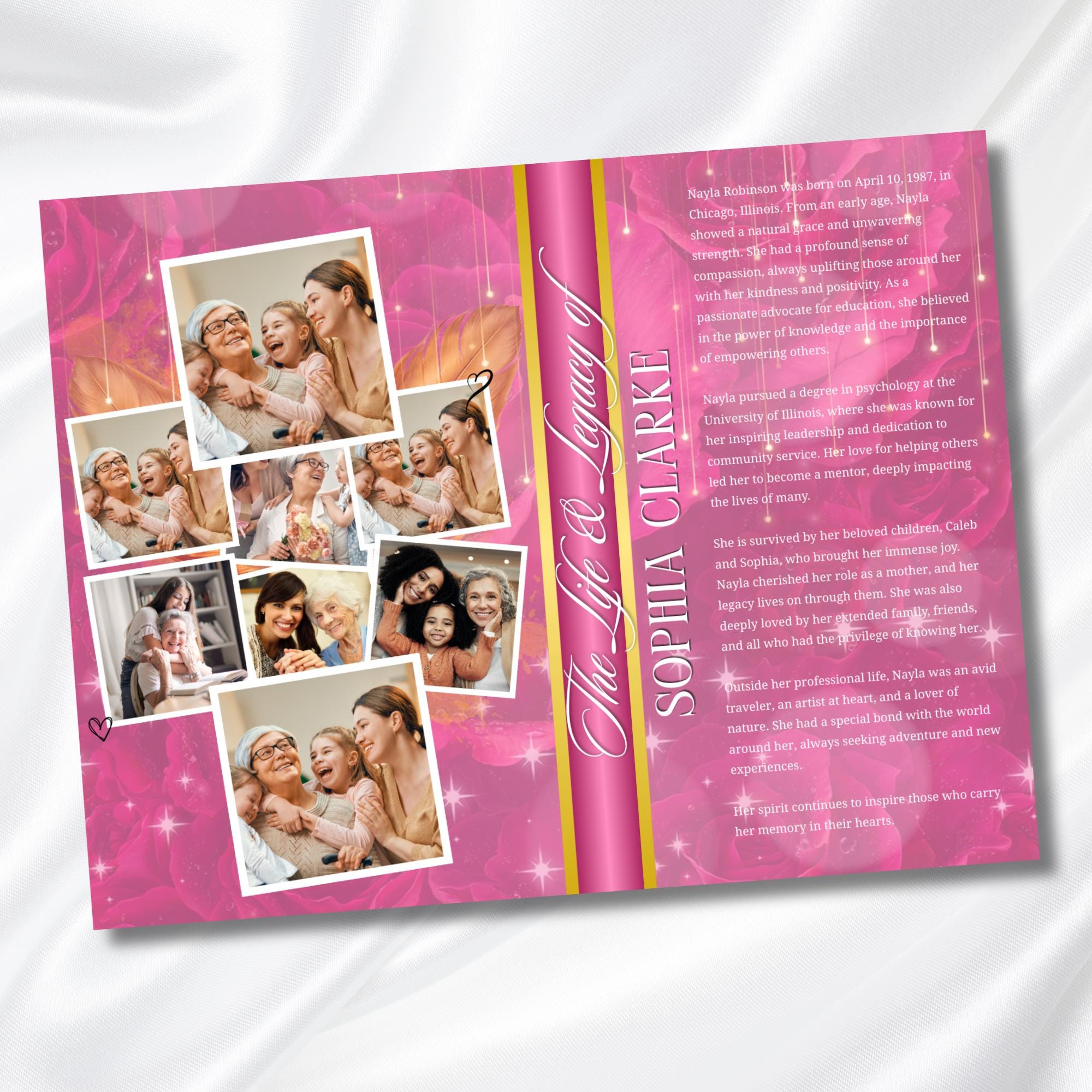 Pink and Gold Woman Obituary Funeral Program Template, Bi-Fold(11x8.5 in) Funeral Program, Obituary Celebration Of Life, Digital Download - Editable Memorial Canva Template