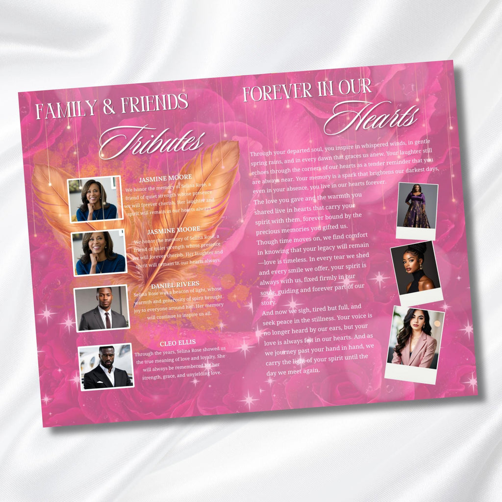 Pink and Gold Woman Obituary Funeral Program Template, Bi-Fold(11x8.5 in) Funeral Program, Obituary Celebration Of Life, Digital Download - Editable Memorial Canva Template