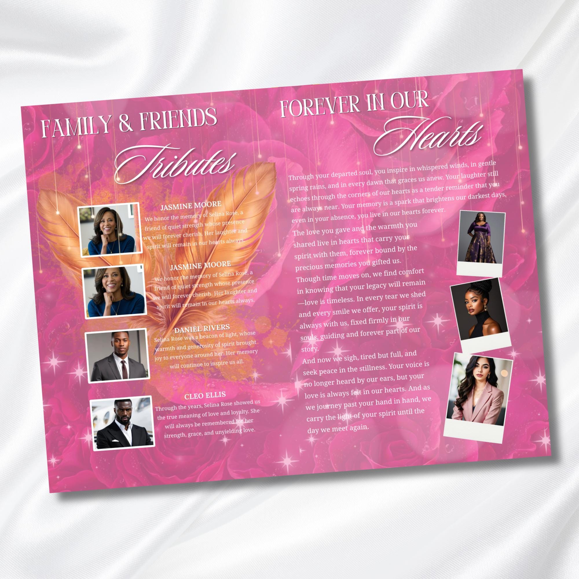 Pink and Gold Woman Obituary Funeral Program Template, Bi-Fold(11x8.5 in) Funeral Program, Obituary Celebration Of Life, Digital Download - Editable Memorial Canva Template