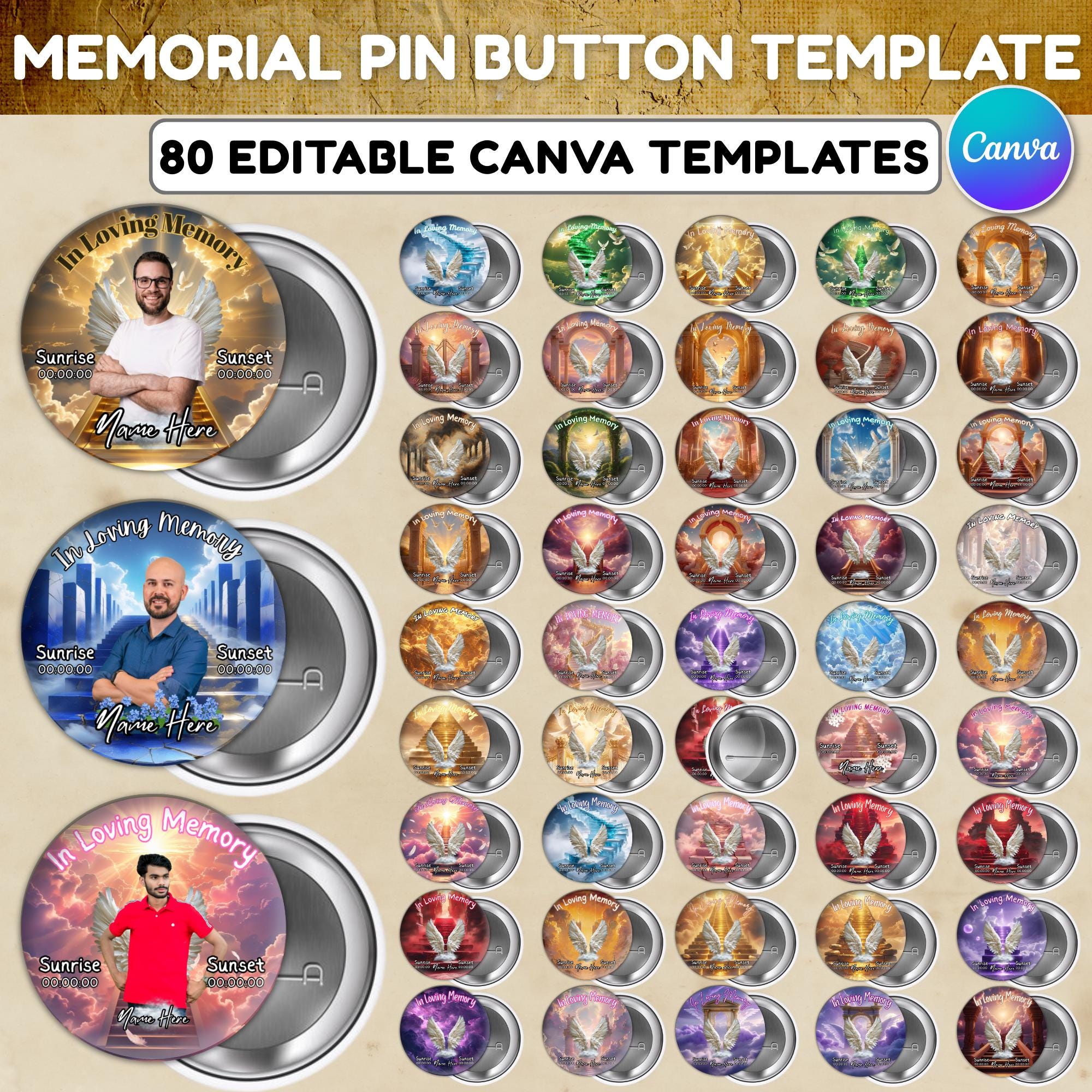 80 In Loving Memory Pin Button Canva Editable Templates, Memorial Pin Button Canva Designs, Rest in Peace Button Template, Digital Download - Editable Memorial Canva Template