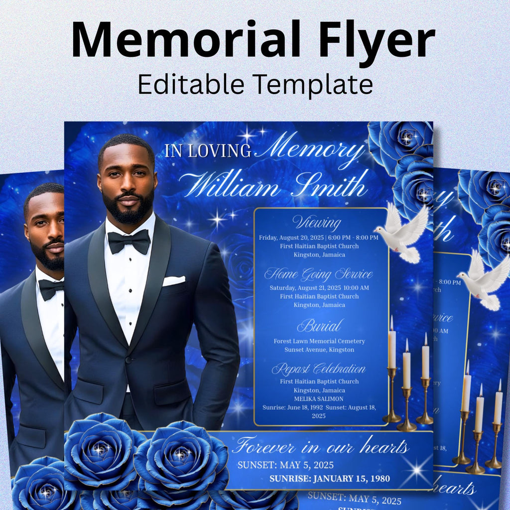 In Loving Memory Blue Flyer Canva Editable Template, Memorial Remembrance Flyer, Rest In Peace, Forever In Our Memories, Digital Download - Editable Memorial Canva Template