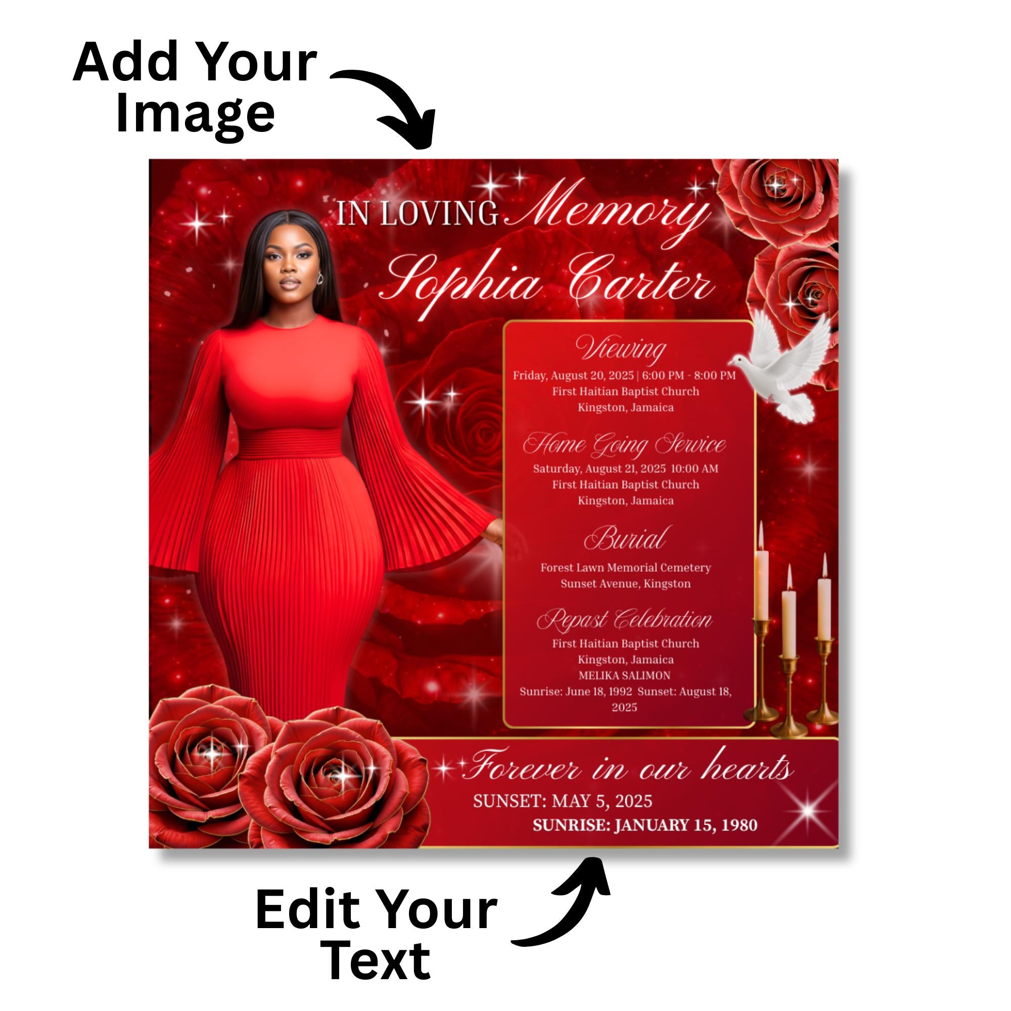 In Loving Memory Red Flyer Canva Editable Template, Memorial Remembrance Flyer, Rest In Peace, Forever In Our Memories, Digital Download - Editable Memorial Canva Template