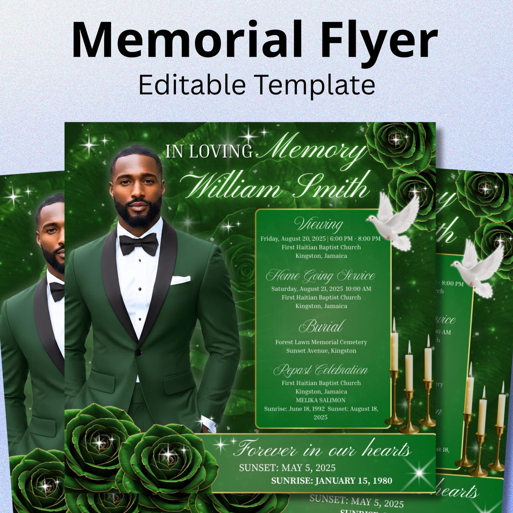 In Loving Memory Green Flyer Canva Editable Template, Memorial Remembrance Flyer, Rest In Peace, Forever In Our Memories, Digital Download - Editable Memorial Canva Template
