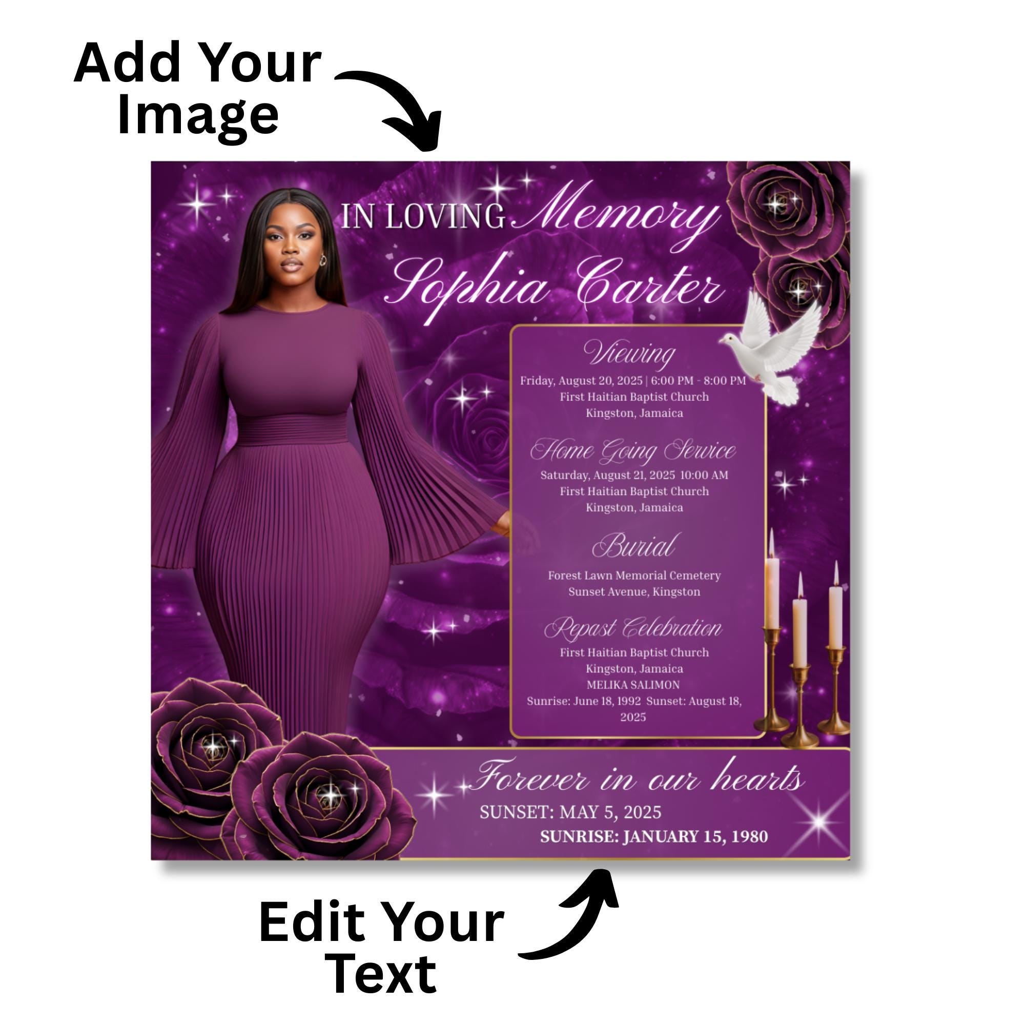In Loving Memory Purple Flyer Canva Editable Template, Memorial Remembrance Flyer, Rest In Peace, Forever In Our Memories, Digital Download - Editable Memorial Canva Template