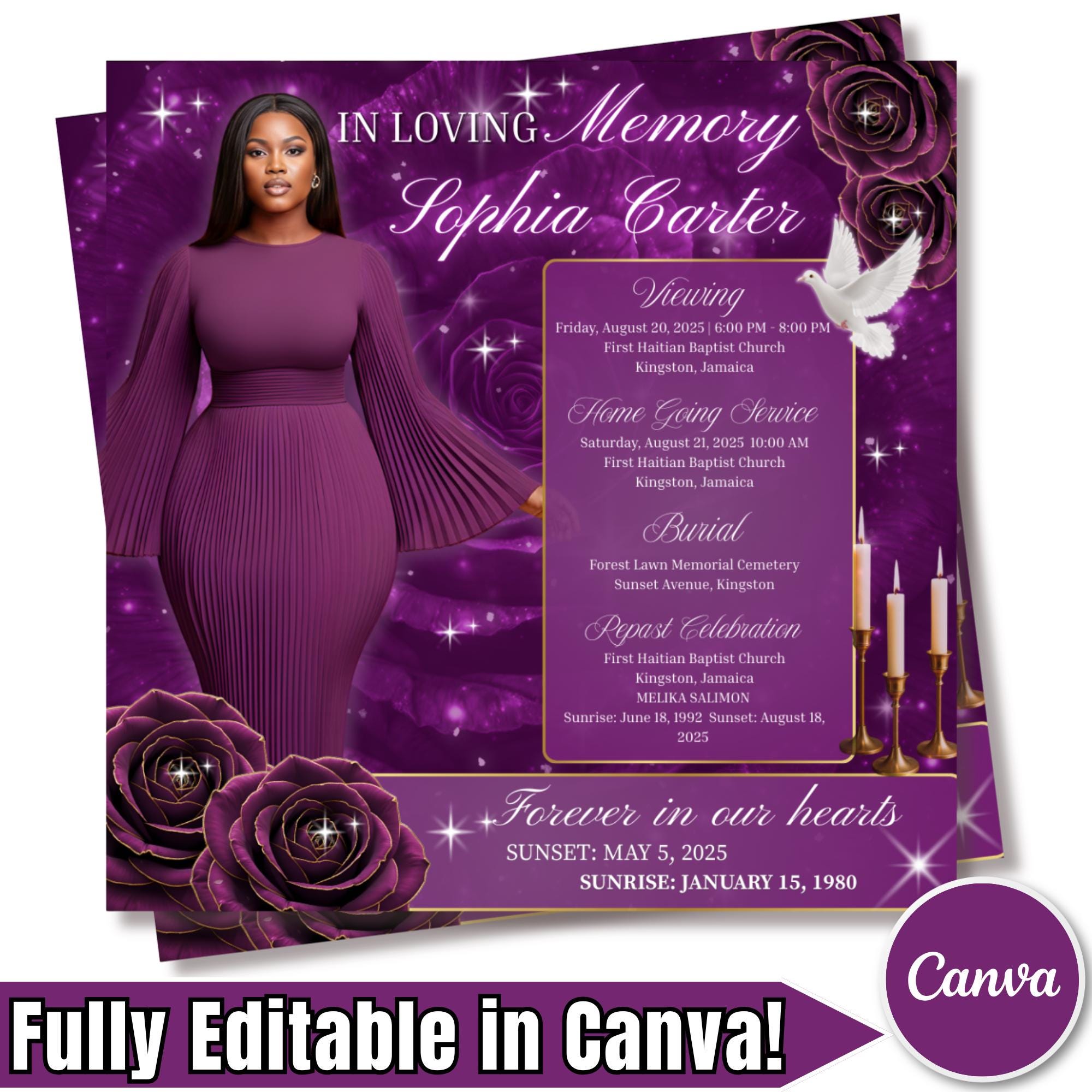 In Loving Memory Purple Flyer Canva Editable Template, Memorial Remembrance Flyer, Rest In Peace, Forever In Our Memories, Digital Download - Editable Memorial Canva Template