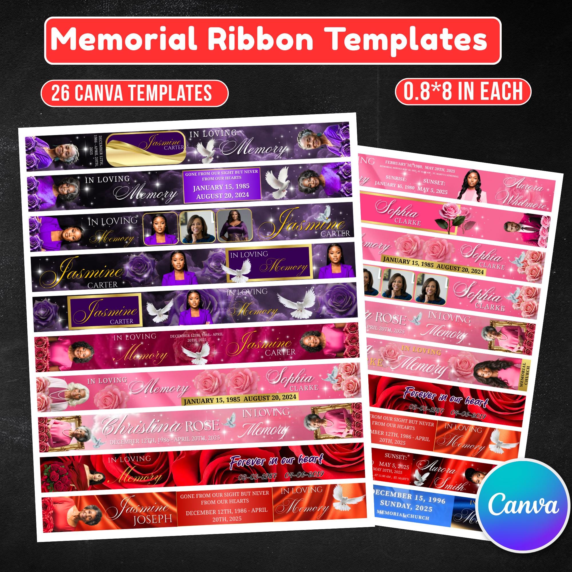 26 In Loving Memory Ribbon Canva Editable Template, Memorial Ribbon Templates, Rest in Piece Ribbon Design, Funeral Memorial Template - Editable Memorial Canva Template