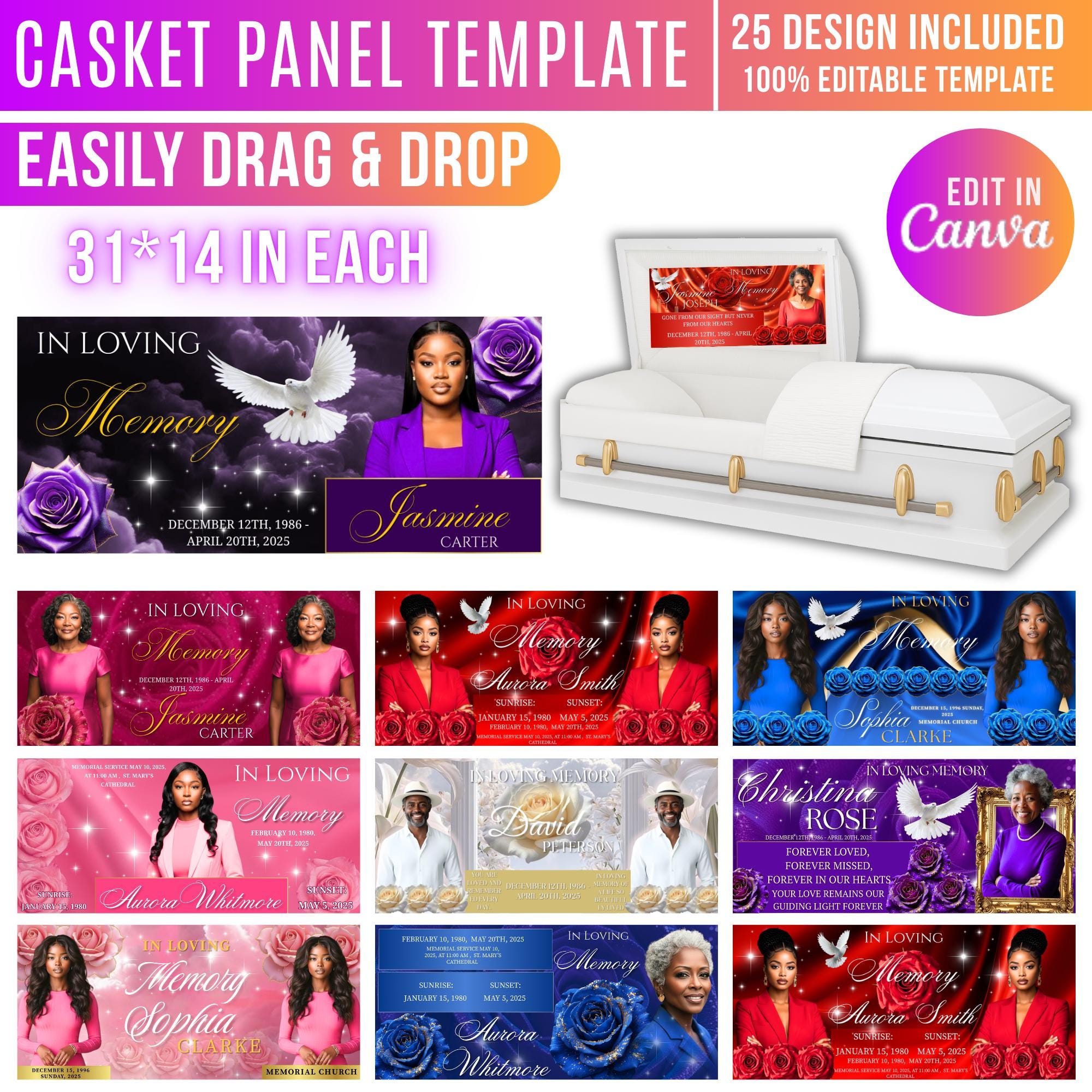 25 Memorial Casket Panel Editable Templates, Personalized Casket Panel, In Loving Memory Canva Template, Memorial Tribute, Funeral Keepsake - Editable Memorial Canva Template