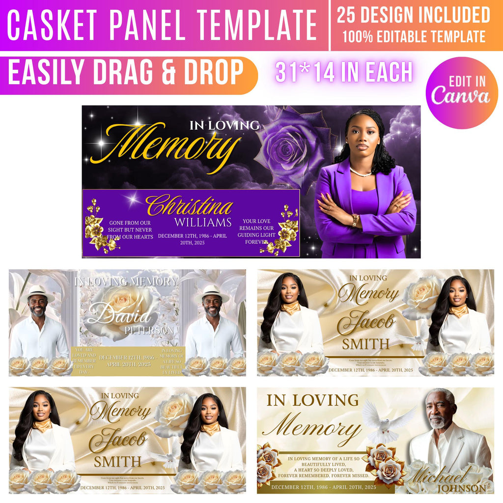 25 Memorial Casket Panel Editable Templates, Personalized Casket Panel, In Loving Memory Canva Template, Memorial Tribute, Funeral Keepsake - Editable Memorial Canva Template