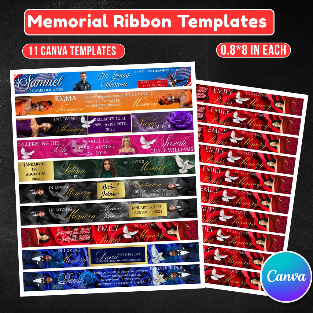 11 In Loving Memory Ribbon Canva Editable Template, Memorial Ribbon Templates, Rest in Piece Ribbon Design, Funeral Memorial Template - Editable Memorial Canva Template