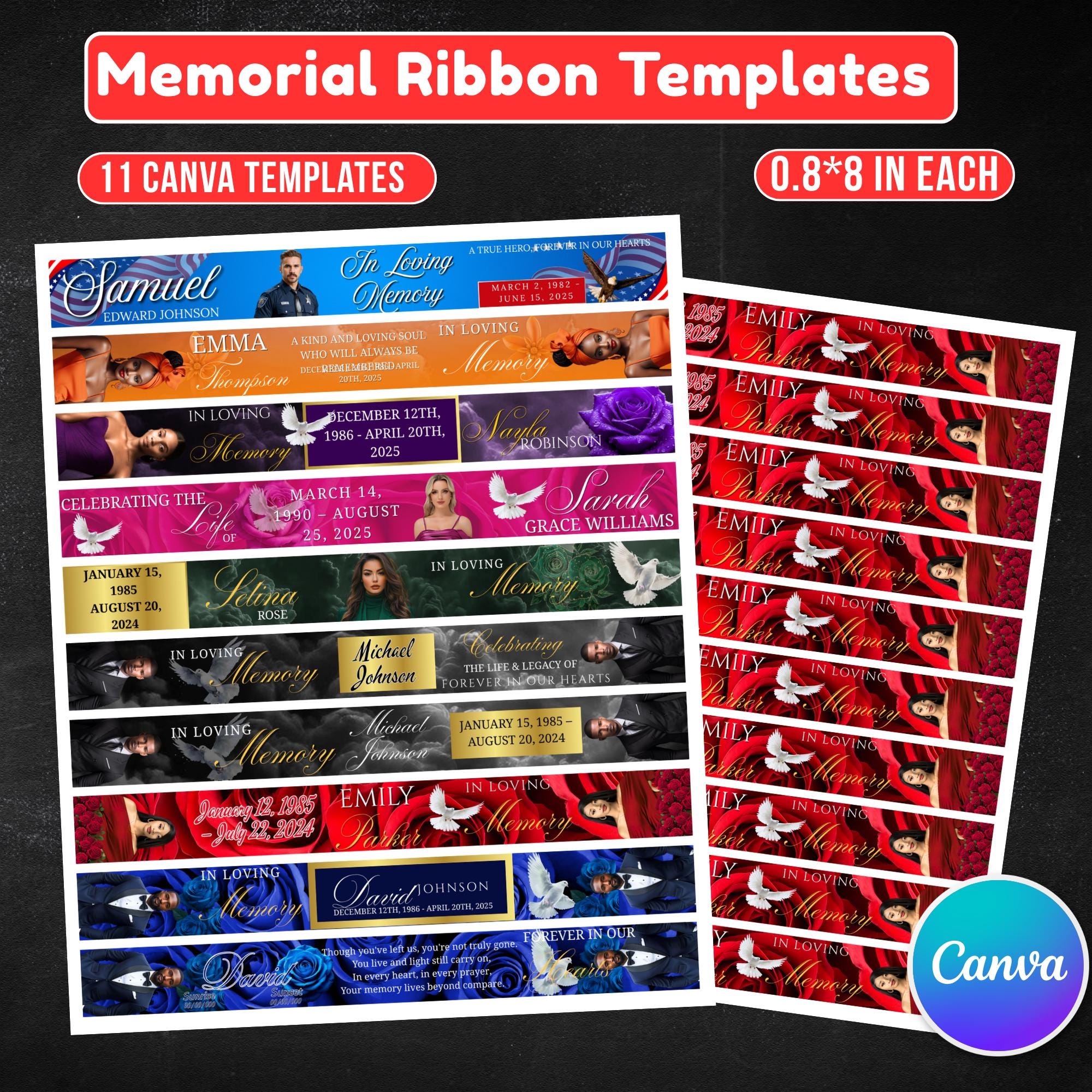 11 In Loving Memory Ribbon Canva Editable Template, Memorial Ribbon Templates, Rest in Piece Ribbon Design, Funeral Memorial Template - Editable Memorial Canva Template
