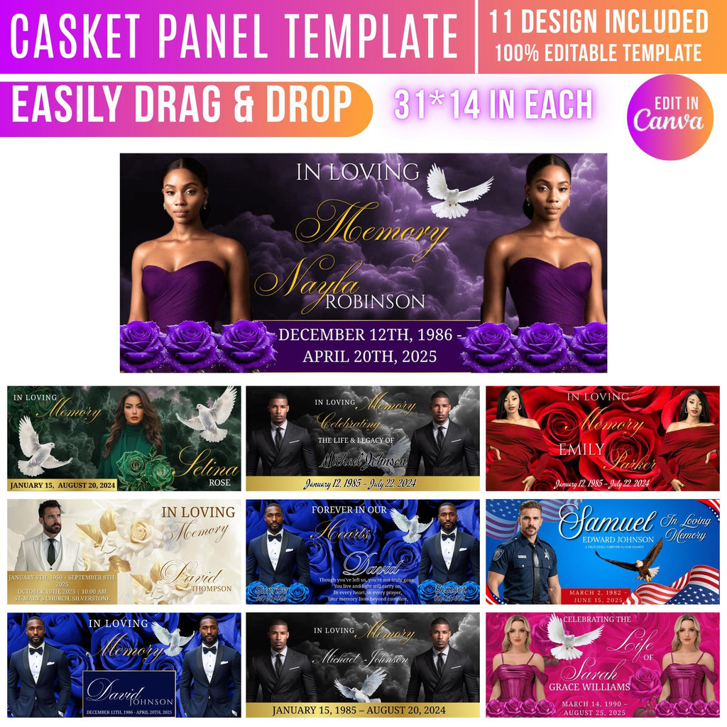 11 Memorial Casket Panel Editable Templates, Personalized Casket Panel, In Loving Memory Canva Template, Memorial Tribute, Funeral Keepsake - Editable Memorial Canva Template