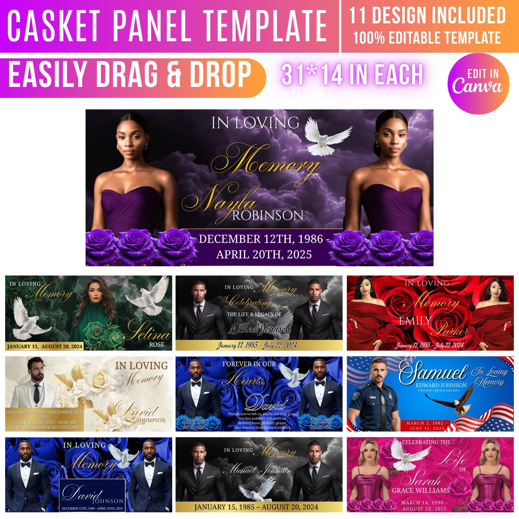 11 Memorial Casket Panel Editable Templates, Personalized Casket Panel, In Loving Memory Canva Template, Memorial Tribute, Funeral Keepsake - Editable Memorial Canva Template