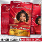 08 Pages Red In Loving Memory Funeral Program Template, Editable Bifold 11x8.5” Design, Obituary Celebration Of Life, Digital Download - Editable Memorial Canva Template